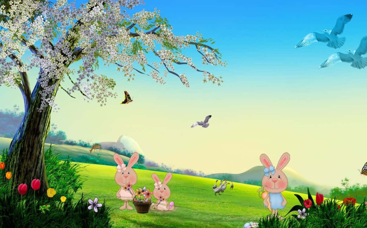Bunnies za Pasaka za Kuacha kwenye Meadow ya Springtime Picha ya Ukuta