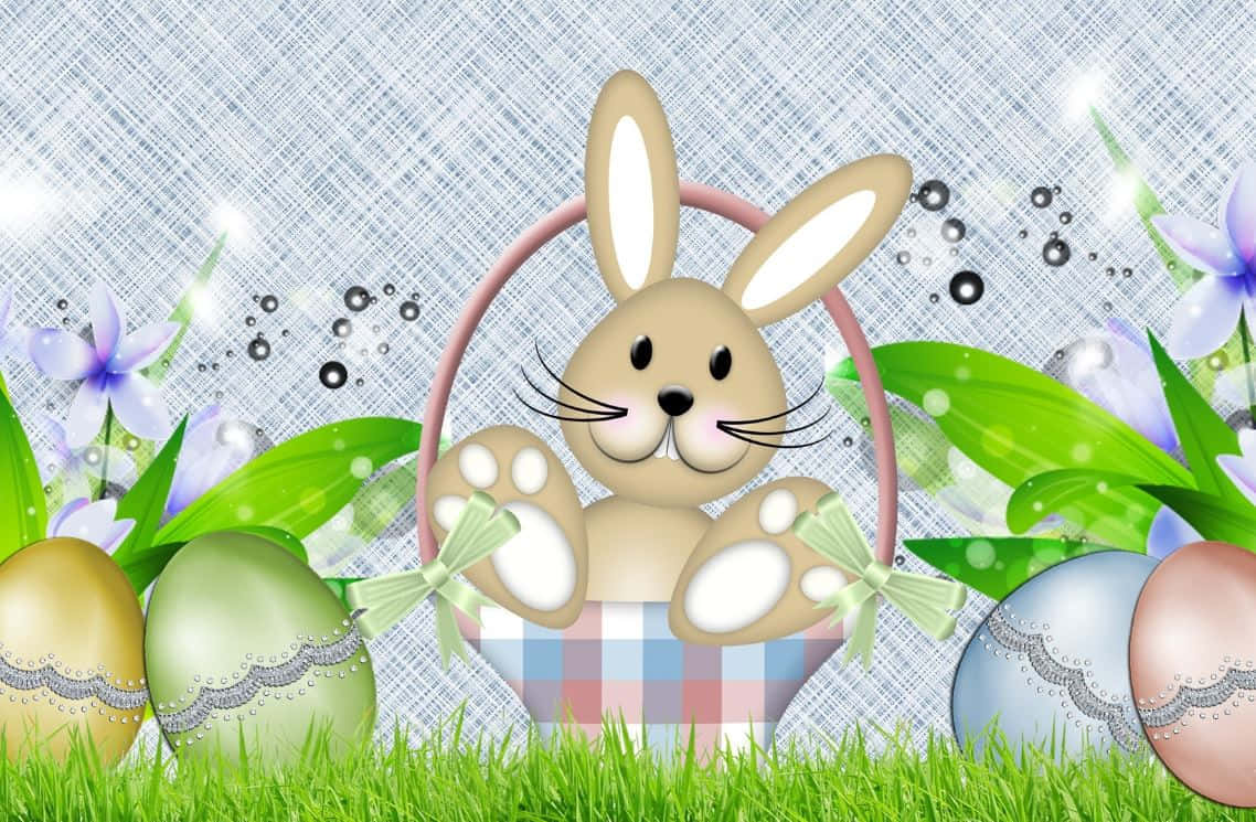 Bunnies za Pasaka za Kuacha na Mazinga ya Rangi katika Bustani ya Miti ya Mwembe Picha ya Ukuta