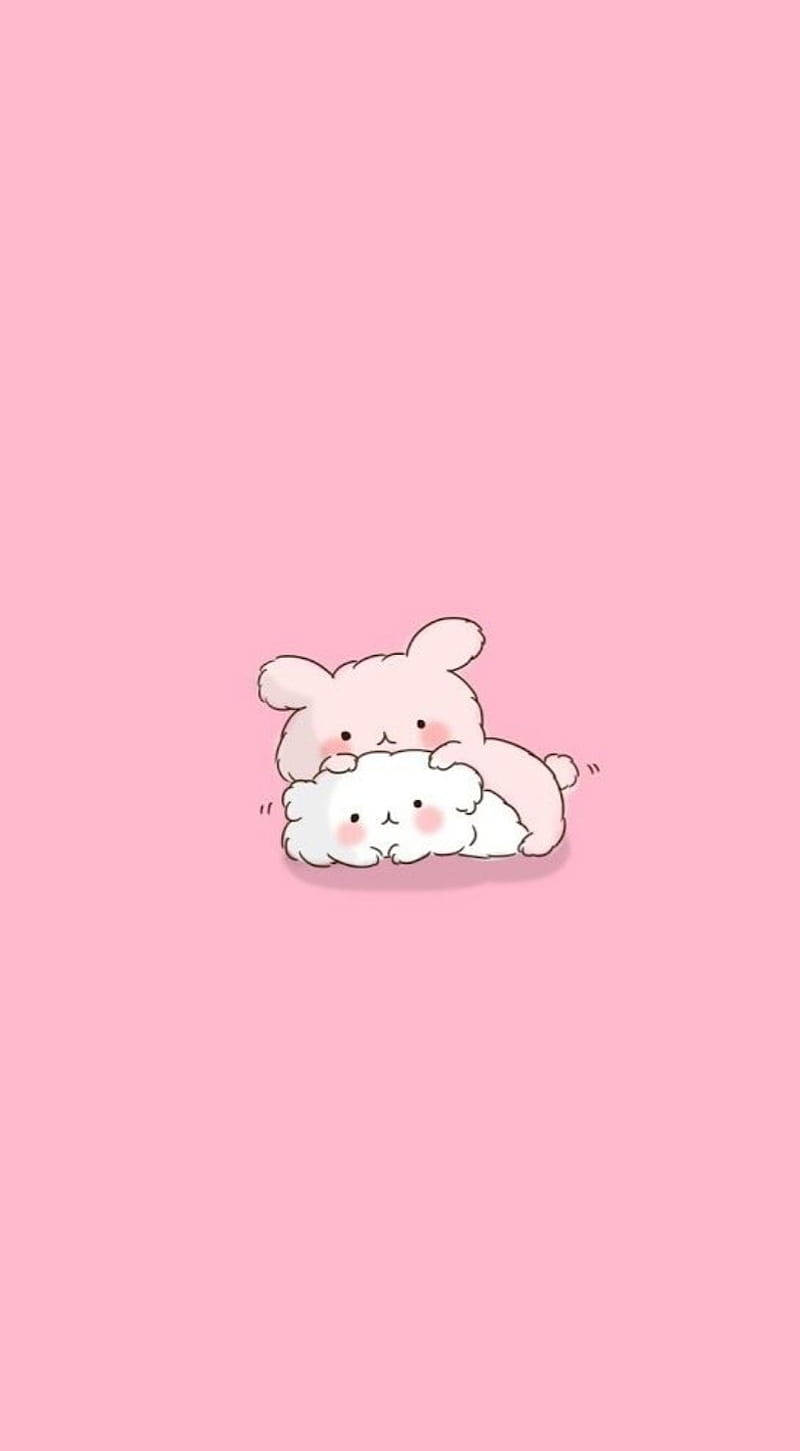 Bunny na Cat wa Kawaii Pink Picha ya Ukuta