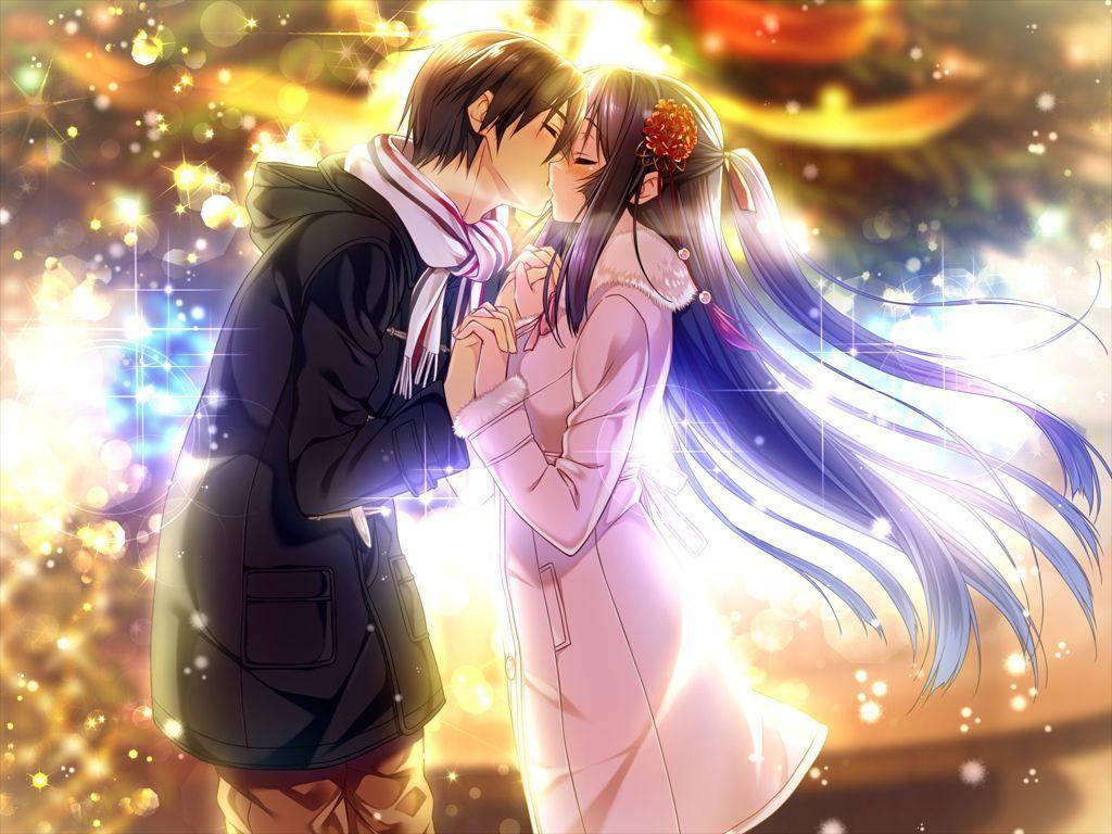 Busu la Kimapenzi la Anime wakati Washika Mikono Picha ya Ukuta