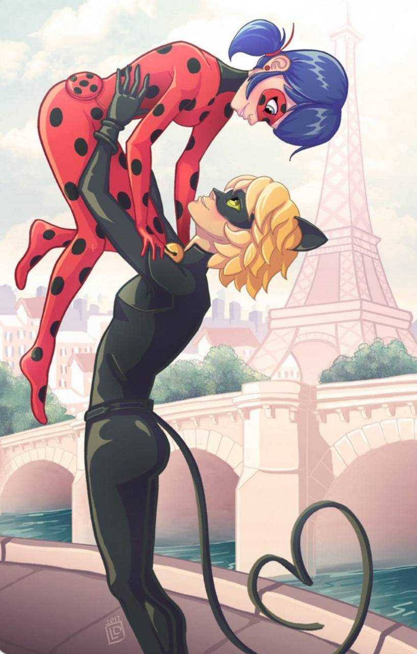 Busu la Ladybug na Cat Noir Paris Picha ya Ukuta