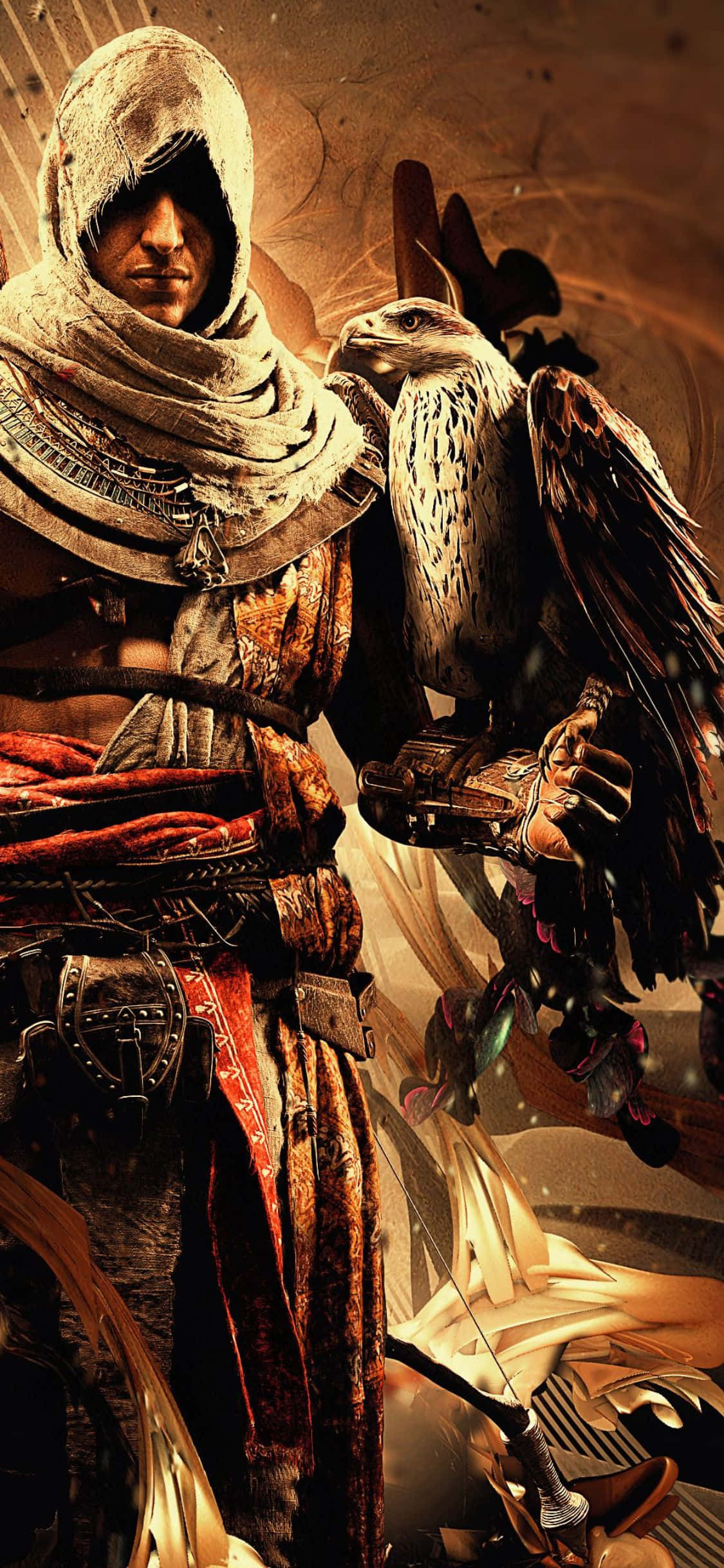 Chagua hatima yako na uwe mwenyekiti wa Brotherhood na wallpaper ya iPhone X Assassin's Creed Origins. Picha ya Ukuta