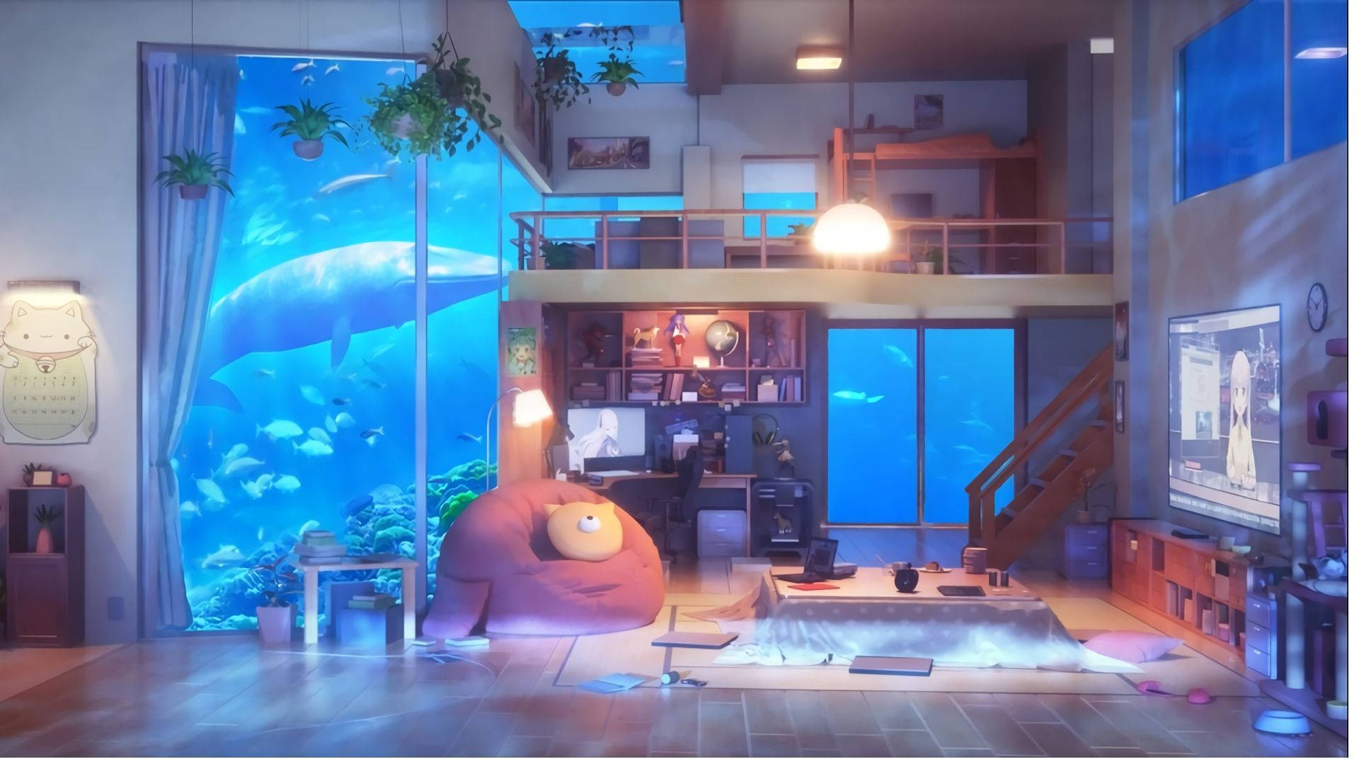 Chumba cha Anime chenye Aquarium Picha ya Ukuta