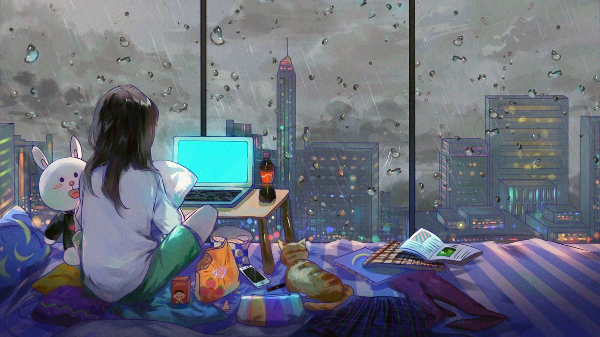 Chumba cha Anime chenye Shughuli Nyingi Picha ya Ukuta