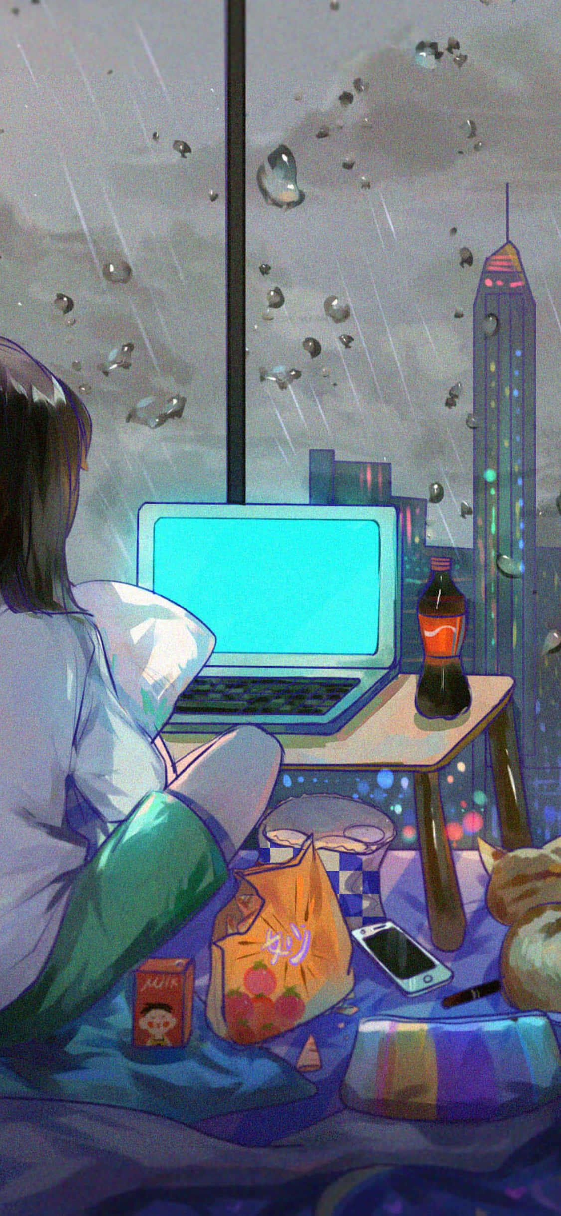 Chumba Cha Anime Kinachovutia chenye Mtazamo wa Jiji la Panoramiki Picha ya Ukuta