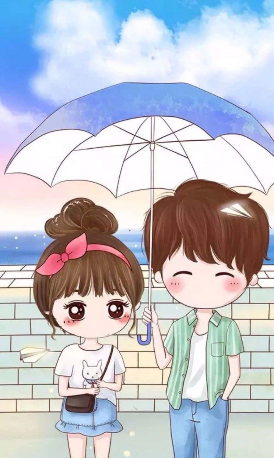 Cloudy Sky Cartoon Couple Picture Picha ya Ukuta