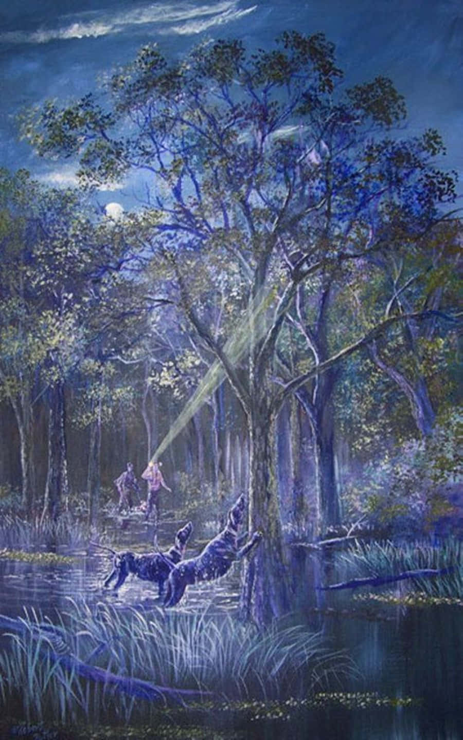 Coon Hunting Dogs Barking Tree Painting Picha ya Ukuta