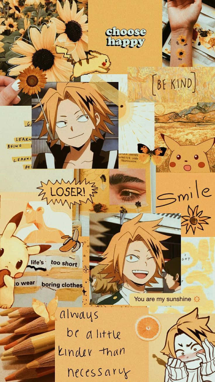 Denki Kaminari kwenye Bango la Collage la Rangi ya Njano Picha ya Ukuta