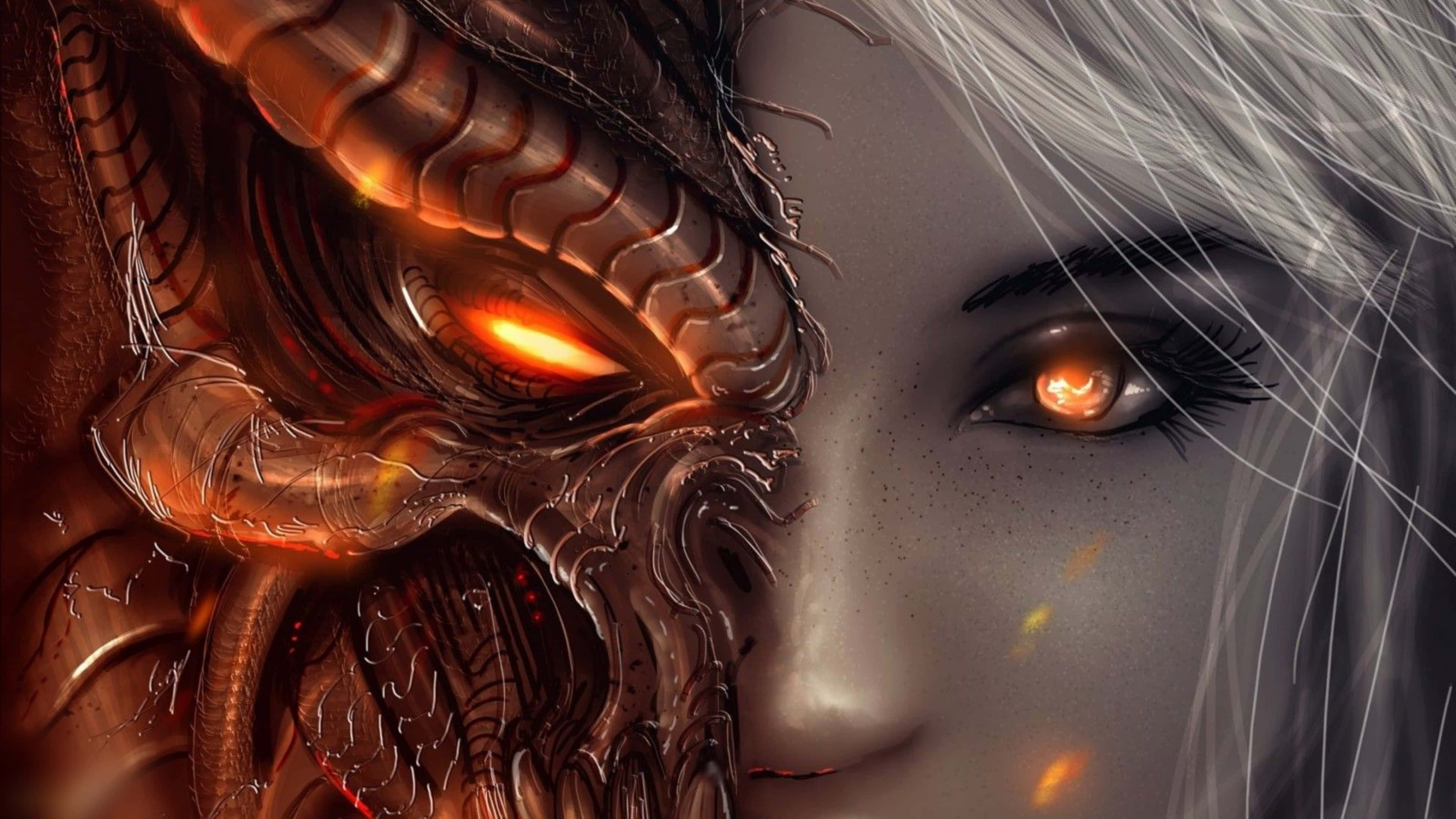 Diablo 4K Nusu ya Dragon na Mwanamke Upande wa Karibu Picha ya Ukuta