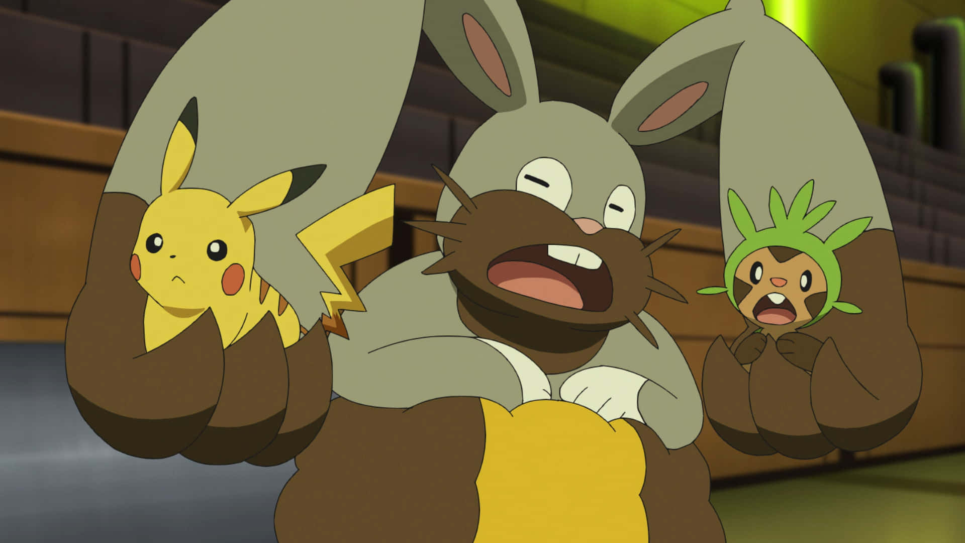 Diggersby Na Pikachu Na Chespin Picha ya Ukuta