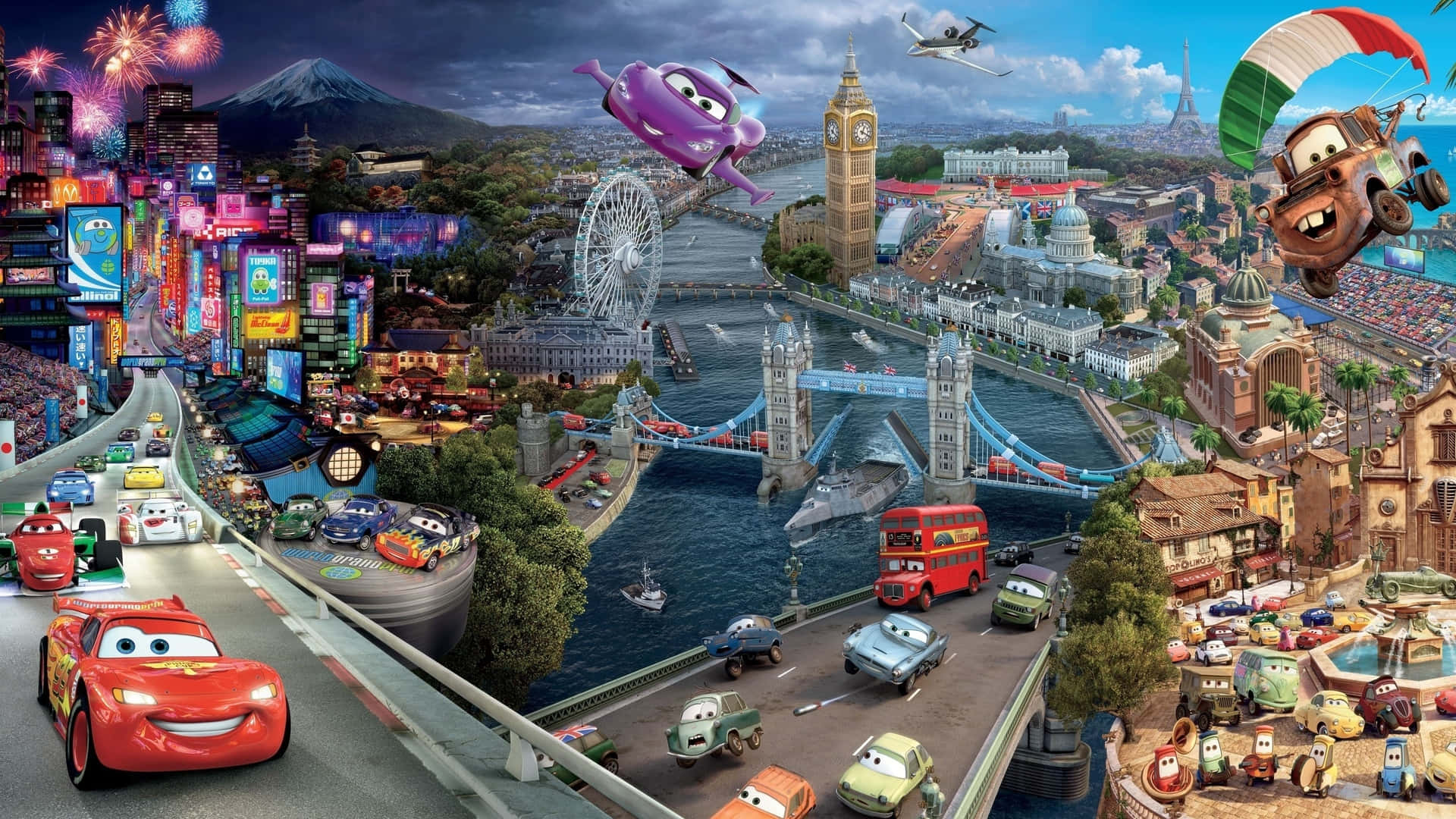 disney cars - mji wenye mwendo wa magari mengi wakifanya kazi Picha ya Ukuta