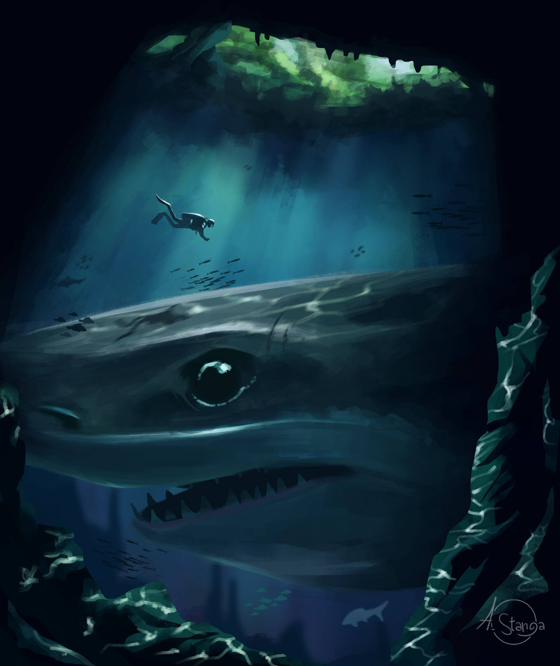 Diver And A Shark Art Picha ya Ukuta