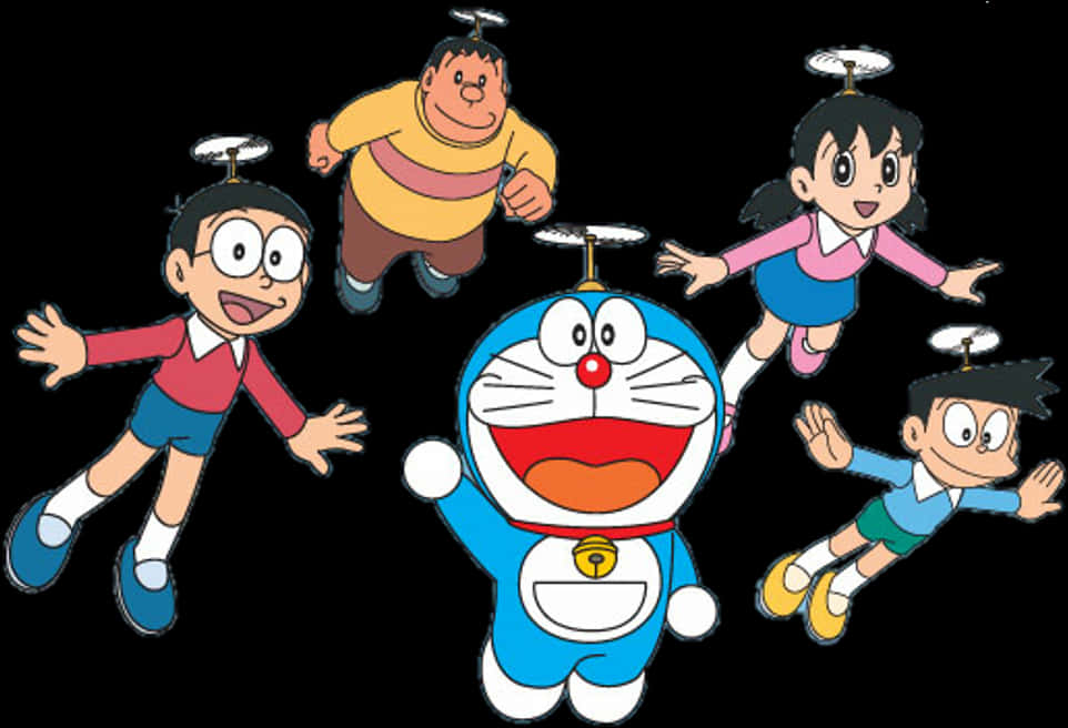 Doraemon na Marafiki Wanaoruka Picha ya Ukuta