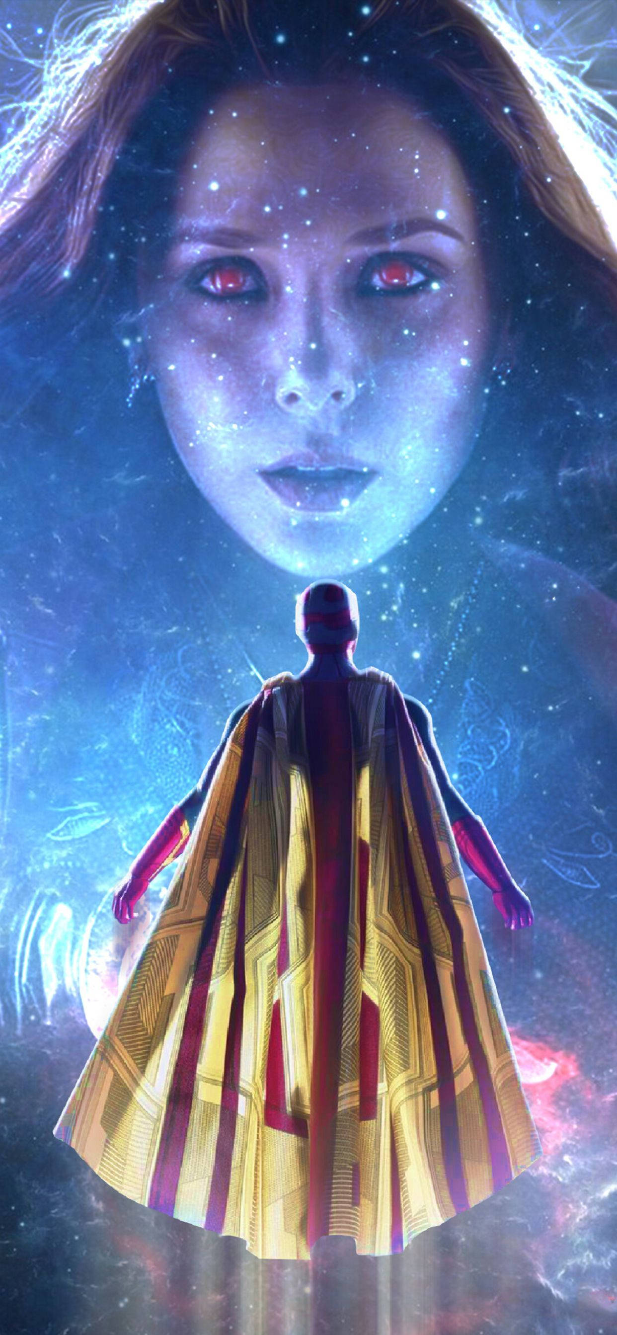 Duo ya kipekee ya Wanda Maximoff (Scarlett Witch) na Vision wanakaa wakati wa kupumzika katika mpaka wakati wanaongoza kwenye realiti zilizopindwa wanaojikuta. Picha ya Ukuta