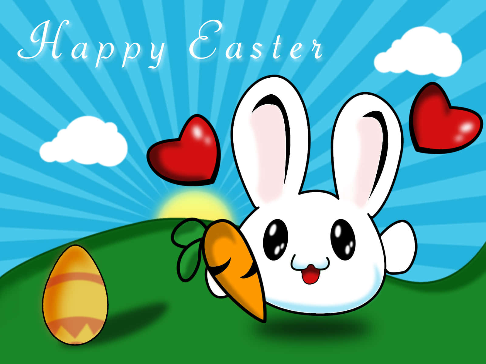 Easter Bunny Mwenye Upendo na Mazinga ya Rangi Zilizopigwa katika Meadow ya Mwanga Picha ya Ukuta