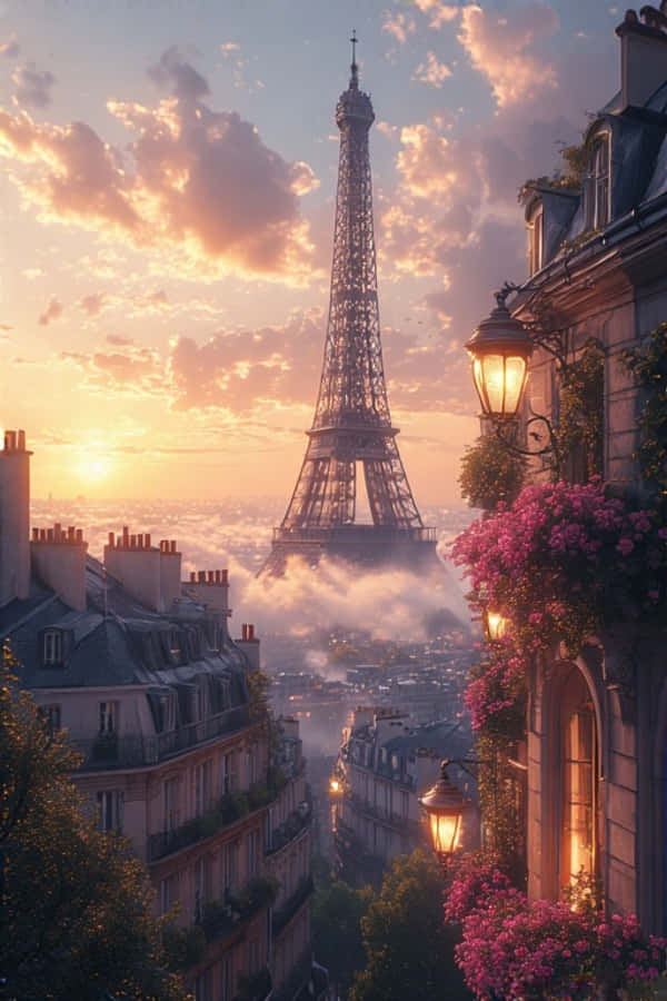 Eiffel Tower wakati wa Macheo Paris Juu ya Nyumba 4K Picha ya Ukuta