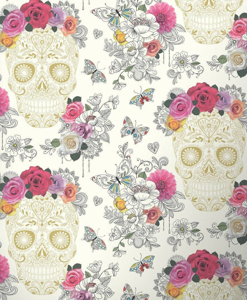 Elegant Sugar Skulls On White Picha ya Ukuta