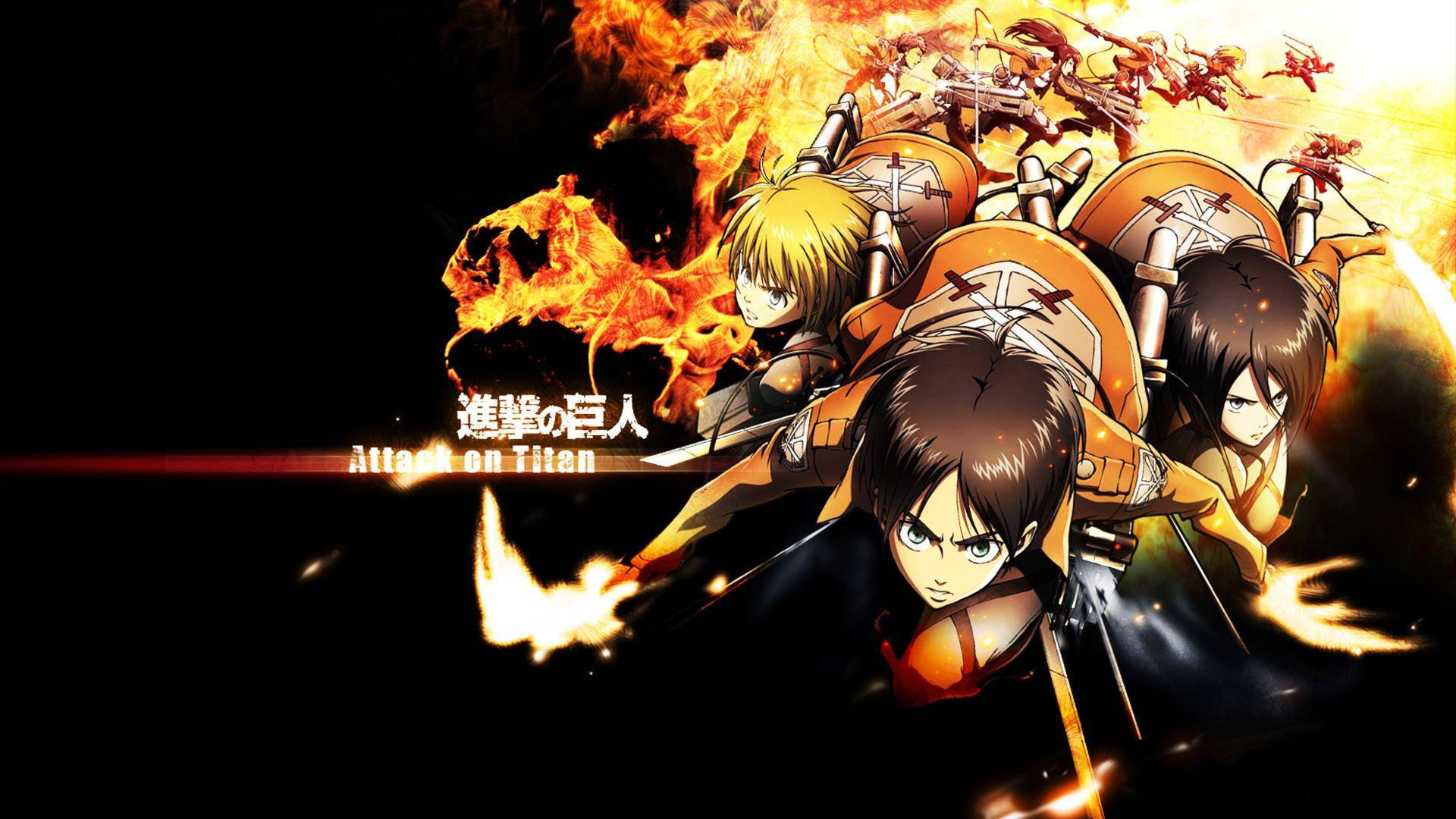 Eren, Mikasa, na Armin kutoka Anime ya Attack On Titan Picha ya Ukuta