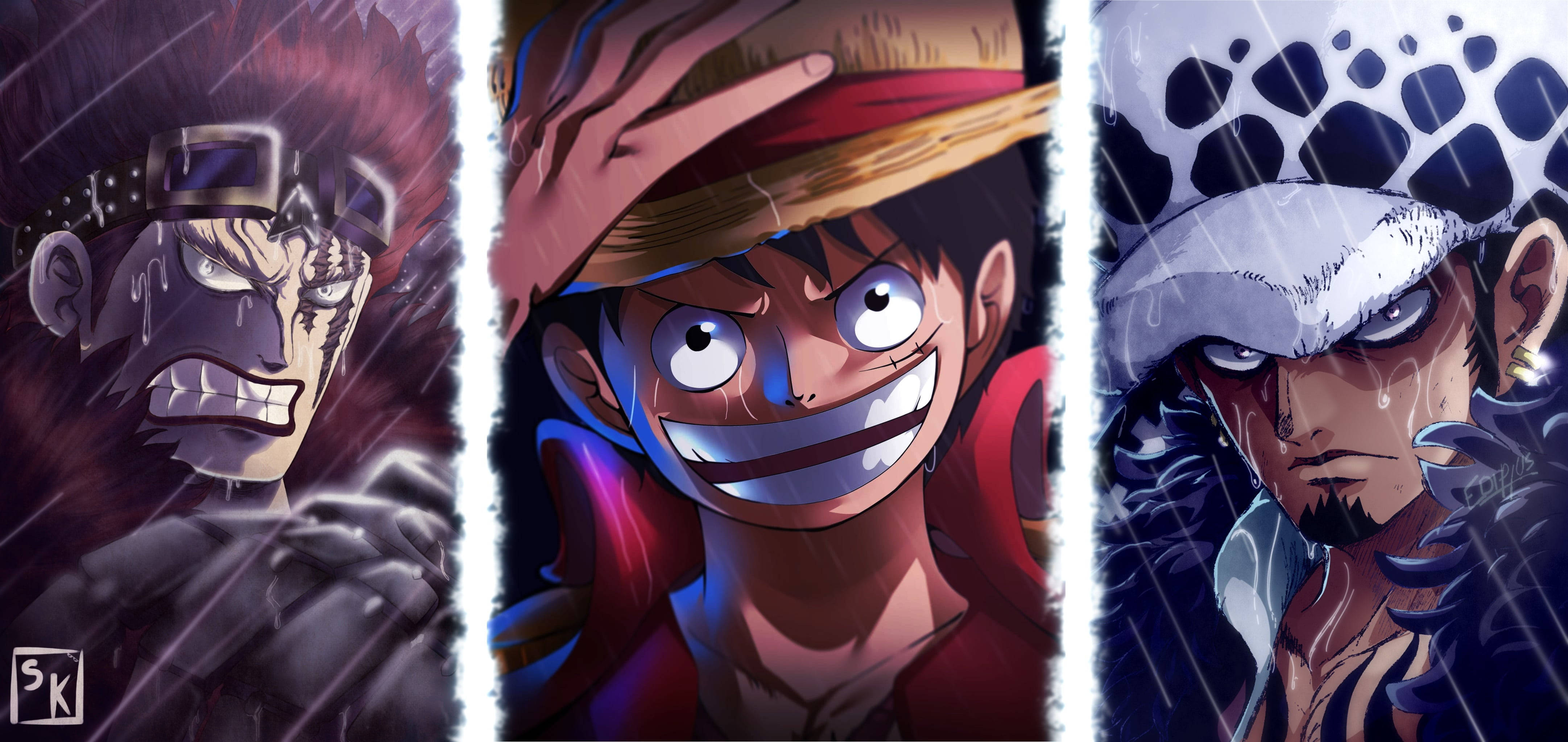 Eustass Kid, Law, na Luffy Wanamuliza Picha ya Ukuta