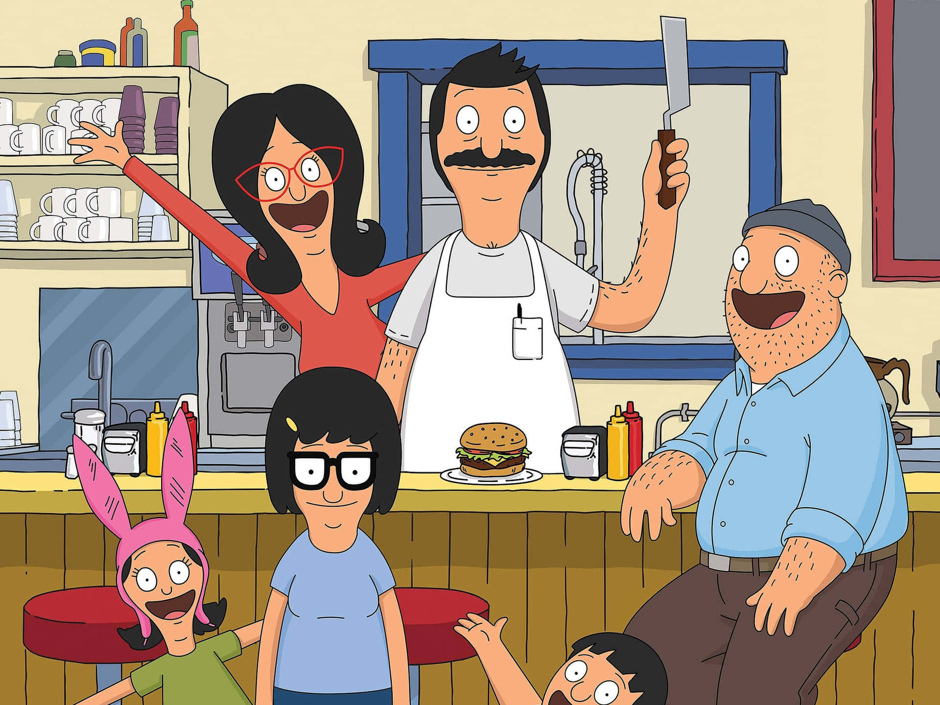 Familia ya Belcher Pamoja na Teddy Mandharinyuma ya Bob's Burgers Picha ya Ukuta
