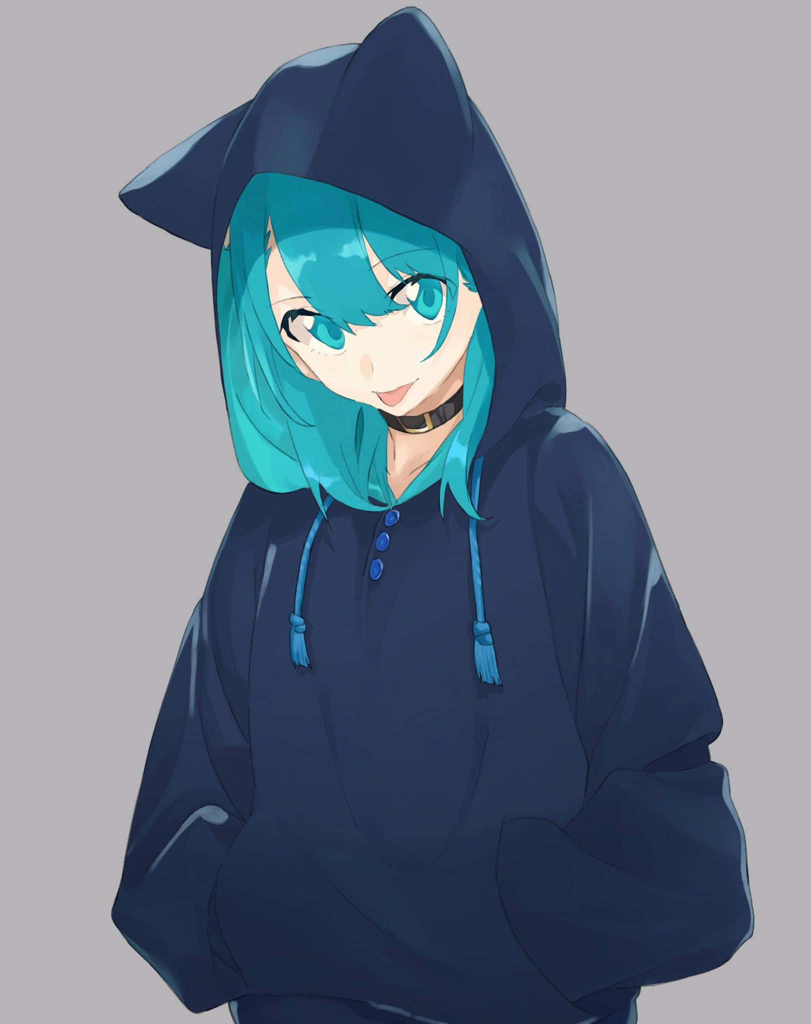 Fanya mavazi yako ya kawaida yawe na mvuto kwa hoodie hii ya kuvutia ya msichana wa anime! Picha ya Ukuta