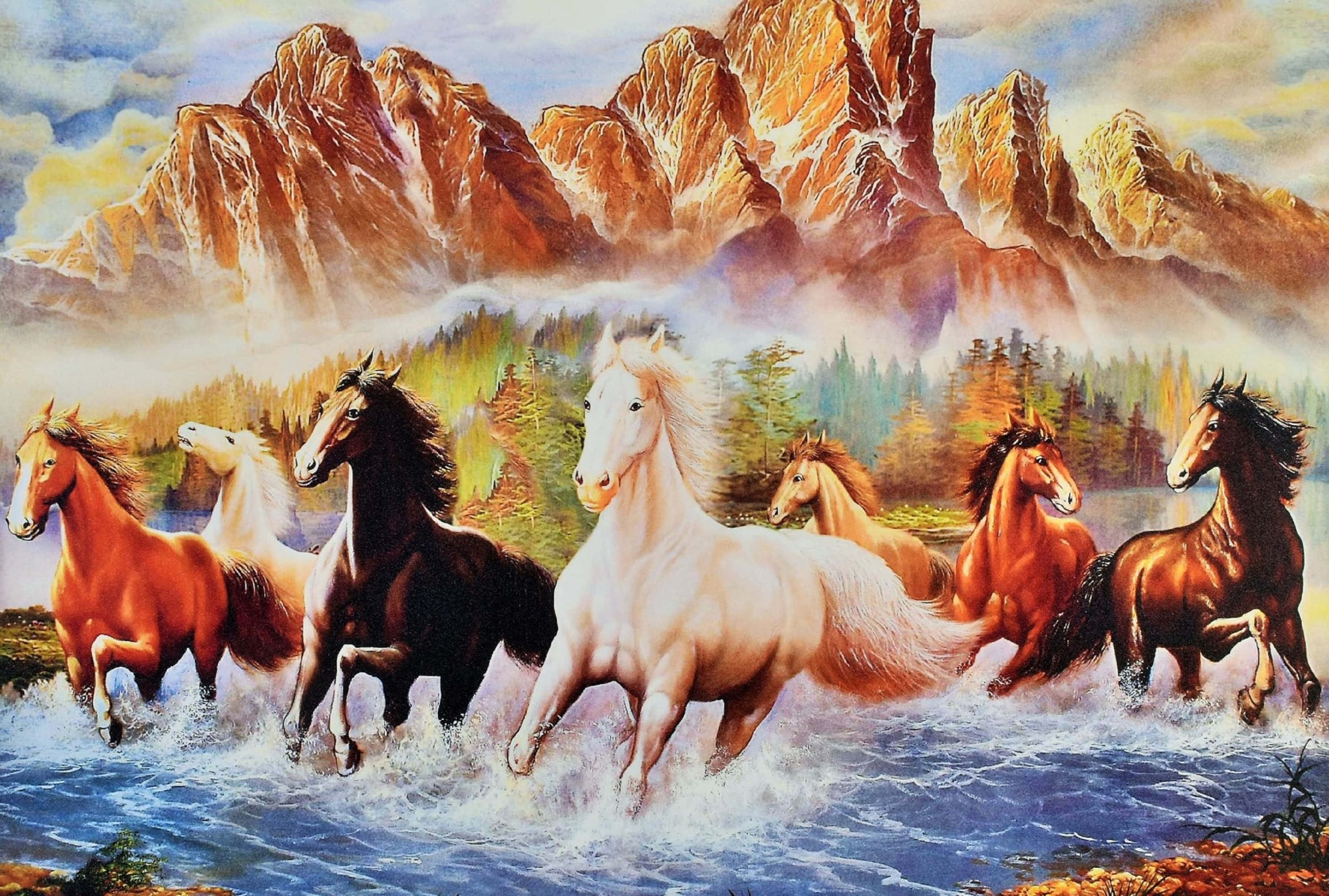 Farasi 7 Wakitembea Mtoni Picha ya Ukuta