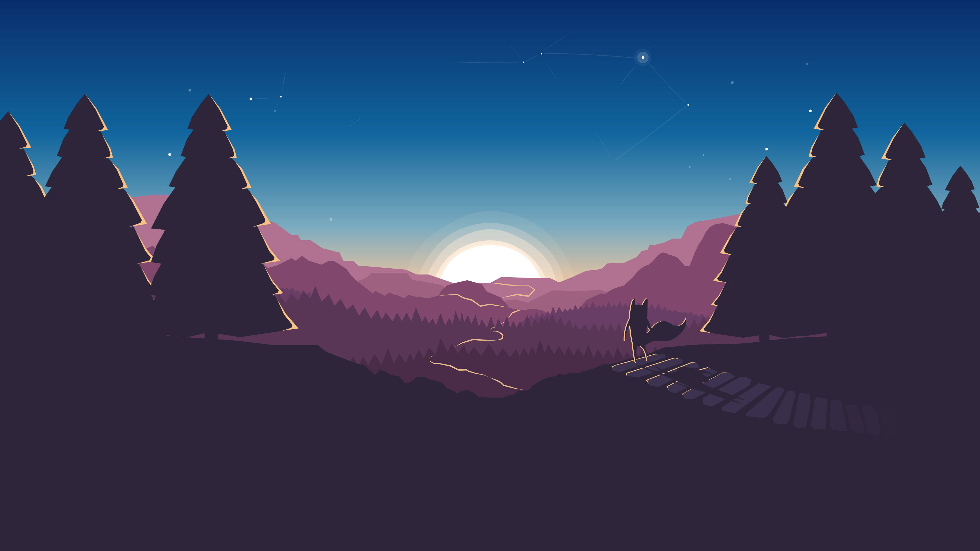 Fox Sunset Vector Art Picha ya Ukuta