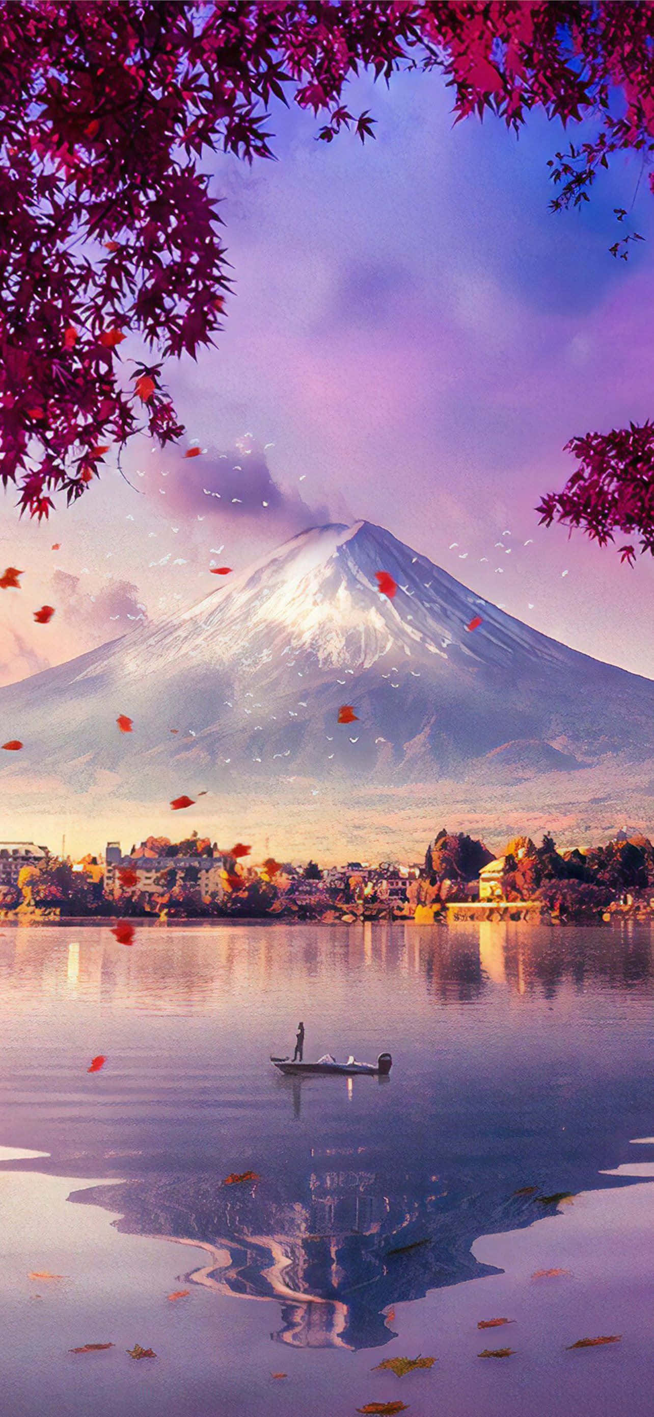 Fuji Peak With Lake And Falling Leaves Picha ya Ukuta