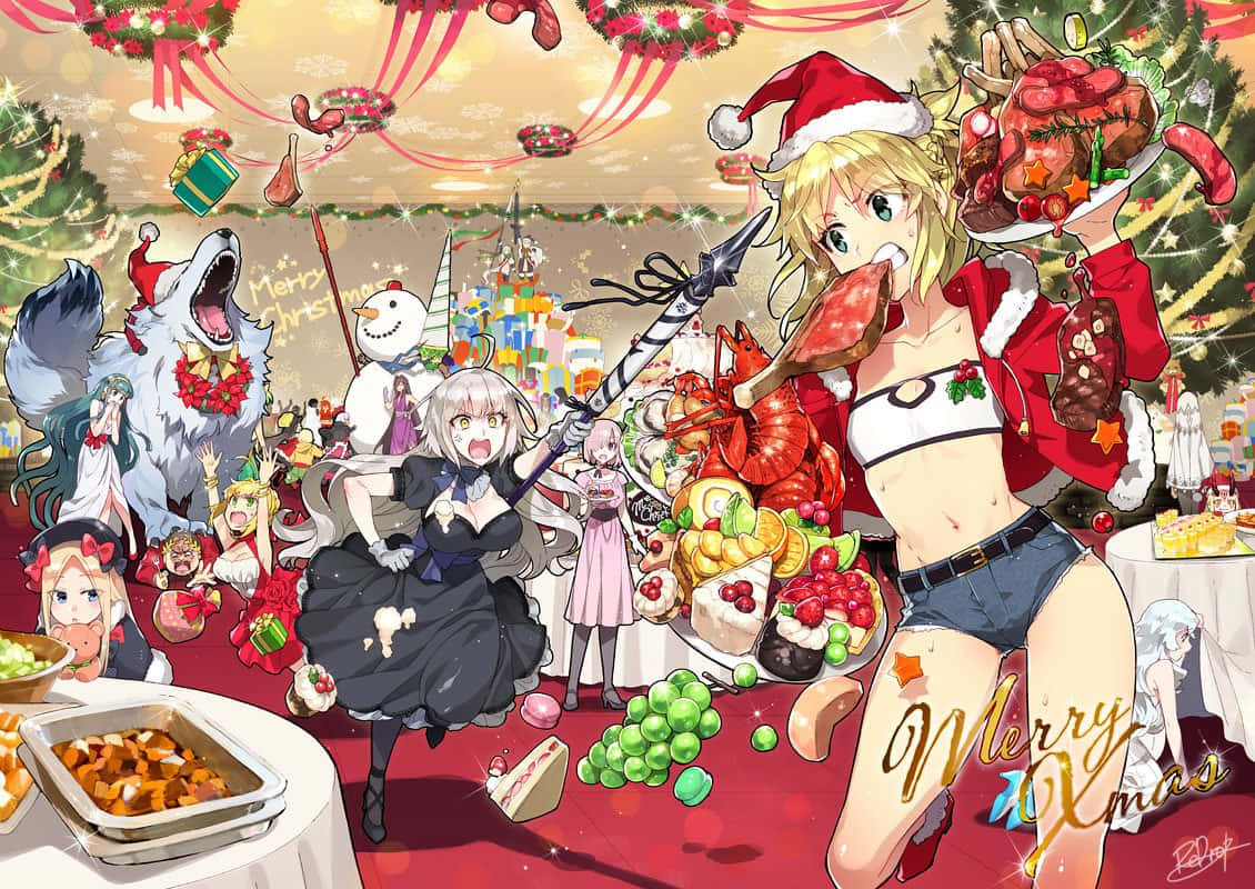 Furahia furaha na joto la msimu wa Krismasi na mandhari hii ya Anime ya Krismasi. Picha ya Ukuta