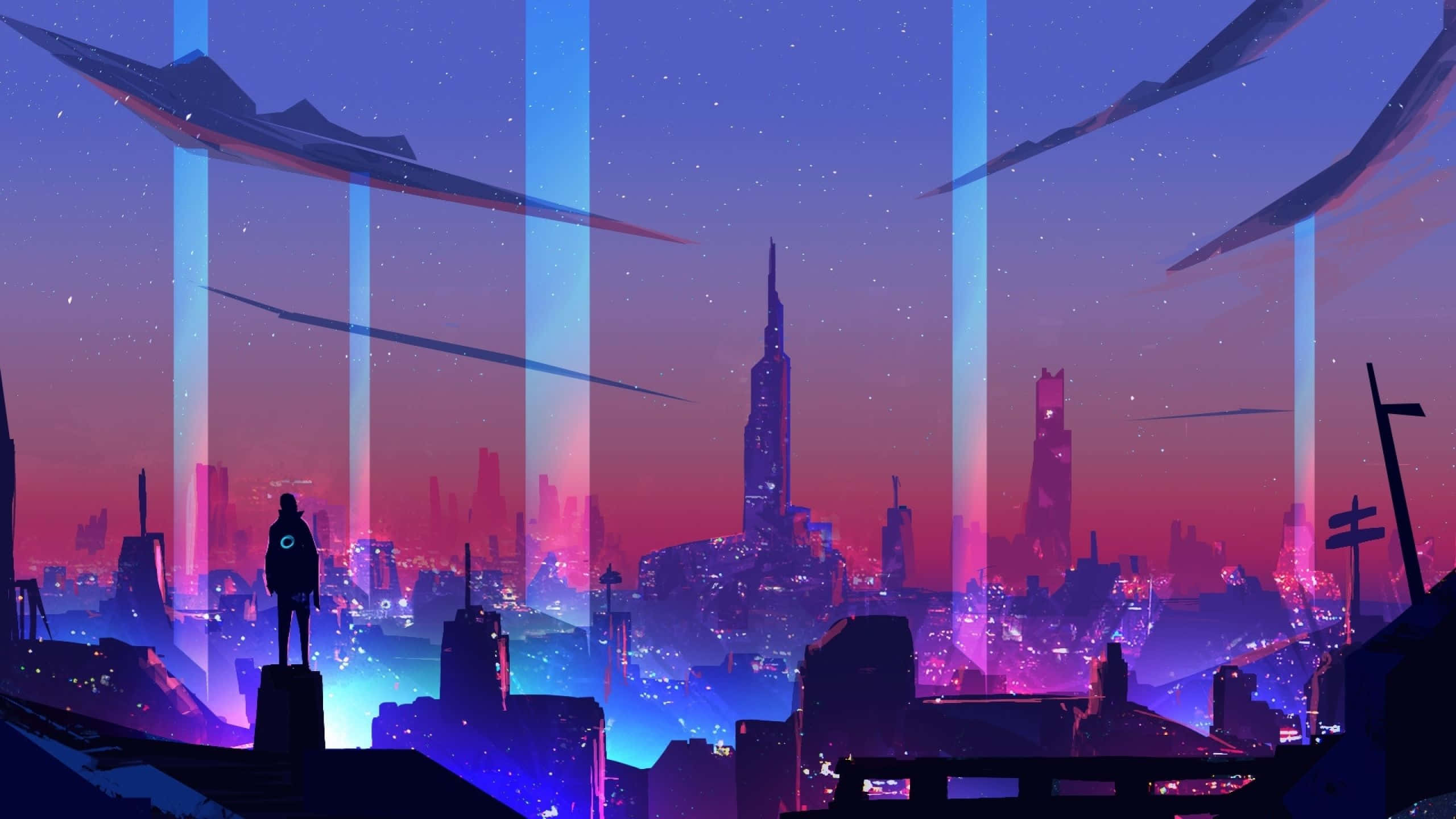 Furahia maisha ya usiku ya Neon City yenye shughuli. Picha ya Ukuta