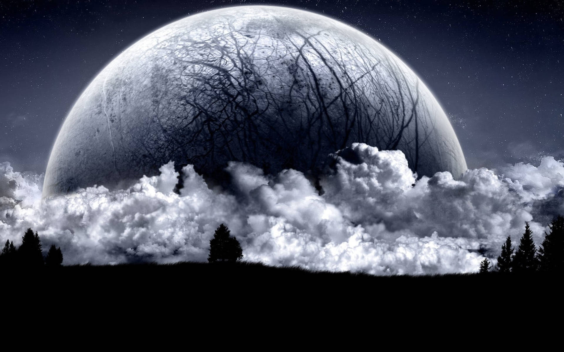 Galaxy Moon Na Shamba Zinakabiliana Picha ya Ukuta