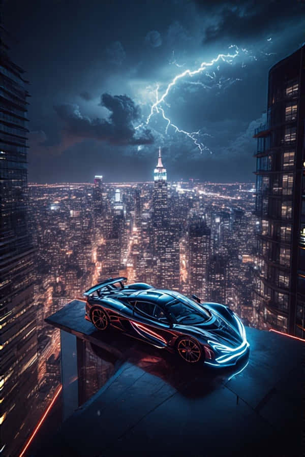 Gari la Kifahari la Neon Jijini Paa la Jengo 4K Picha ya Ukuta