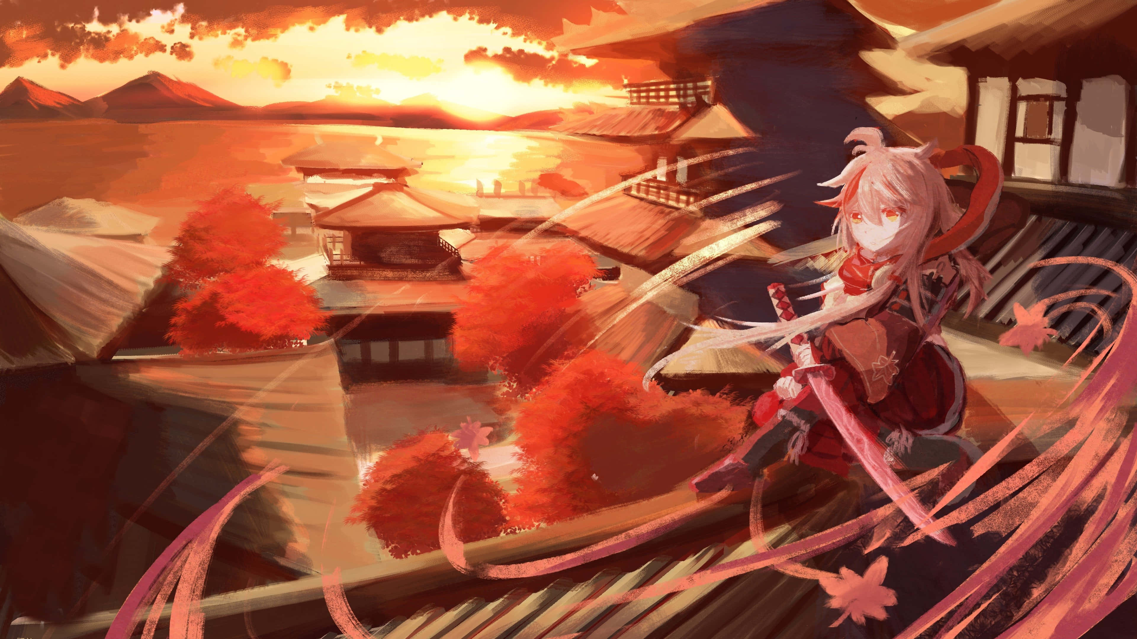 Genshin Impact Kazuha Amezali Juu ya Rooftop Picha ya Ukuta