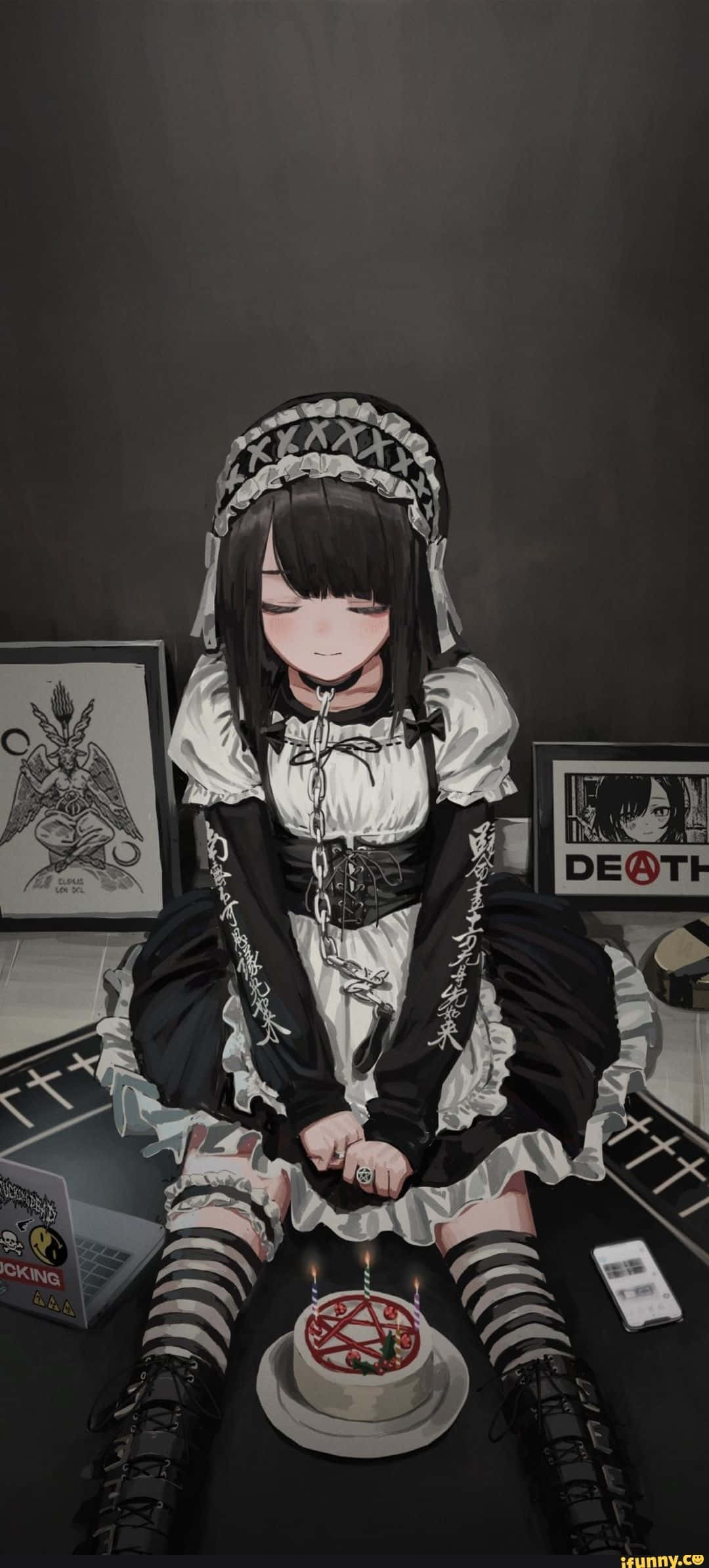 Goth Anime Maid In Front Of Pentagram Cake Picha ya Ukuta
