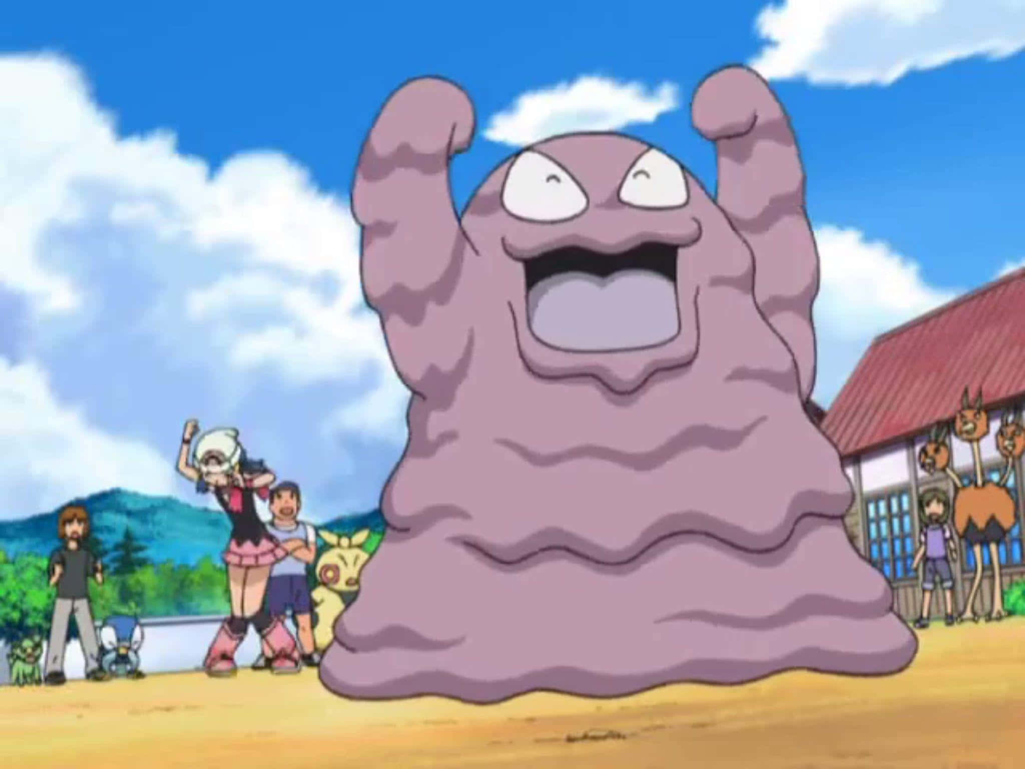 Grimer Animesheni ya Pokemon Akicheza na Kufurahi Picha ya Ukuta