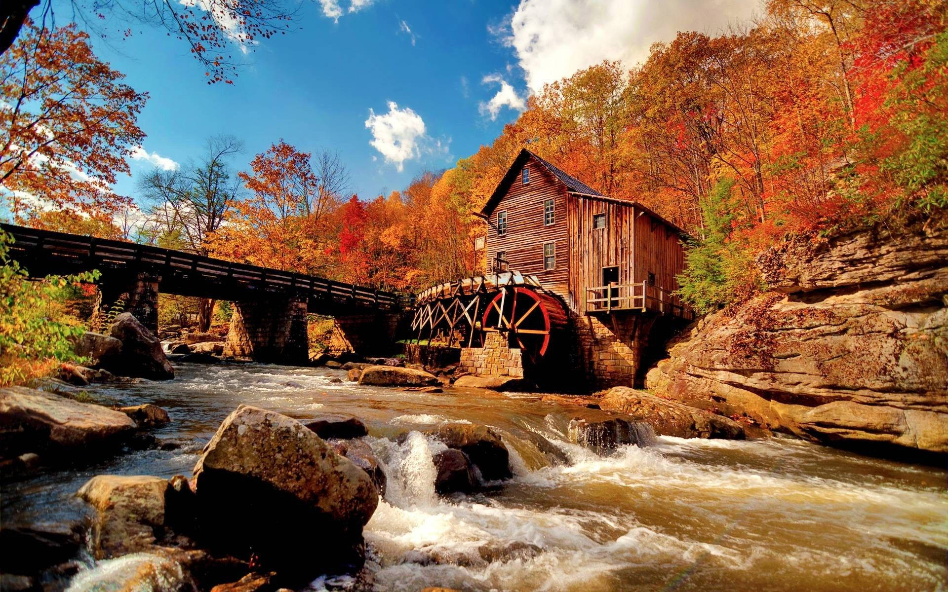 Grist Mill Sunny Autumn Picha ya Ukuta