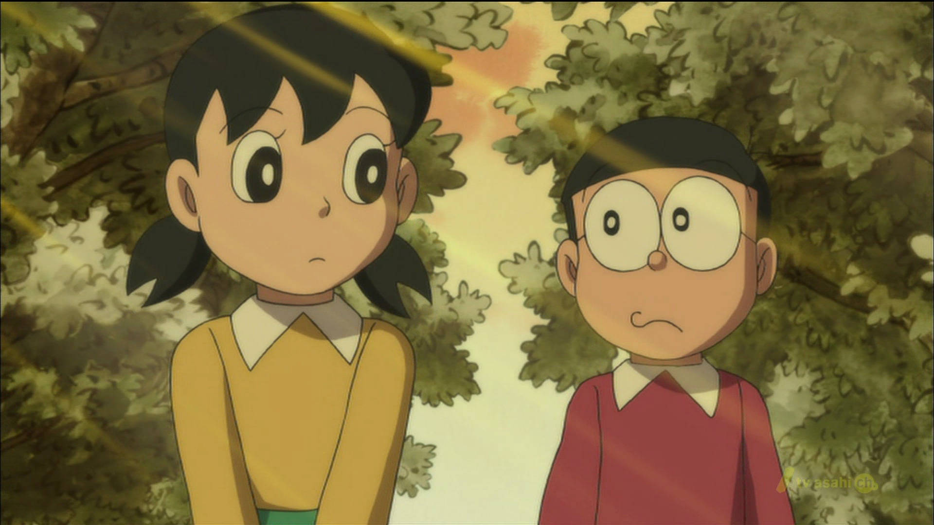Hadithi ya Upendo ya Nobita na Shizuka Wakichuana Macho Picha ya Ukuta