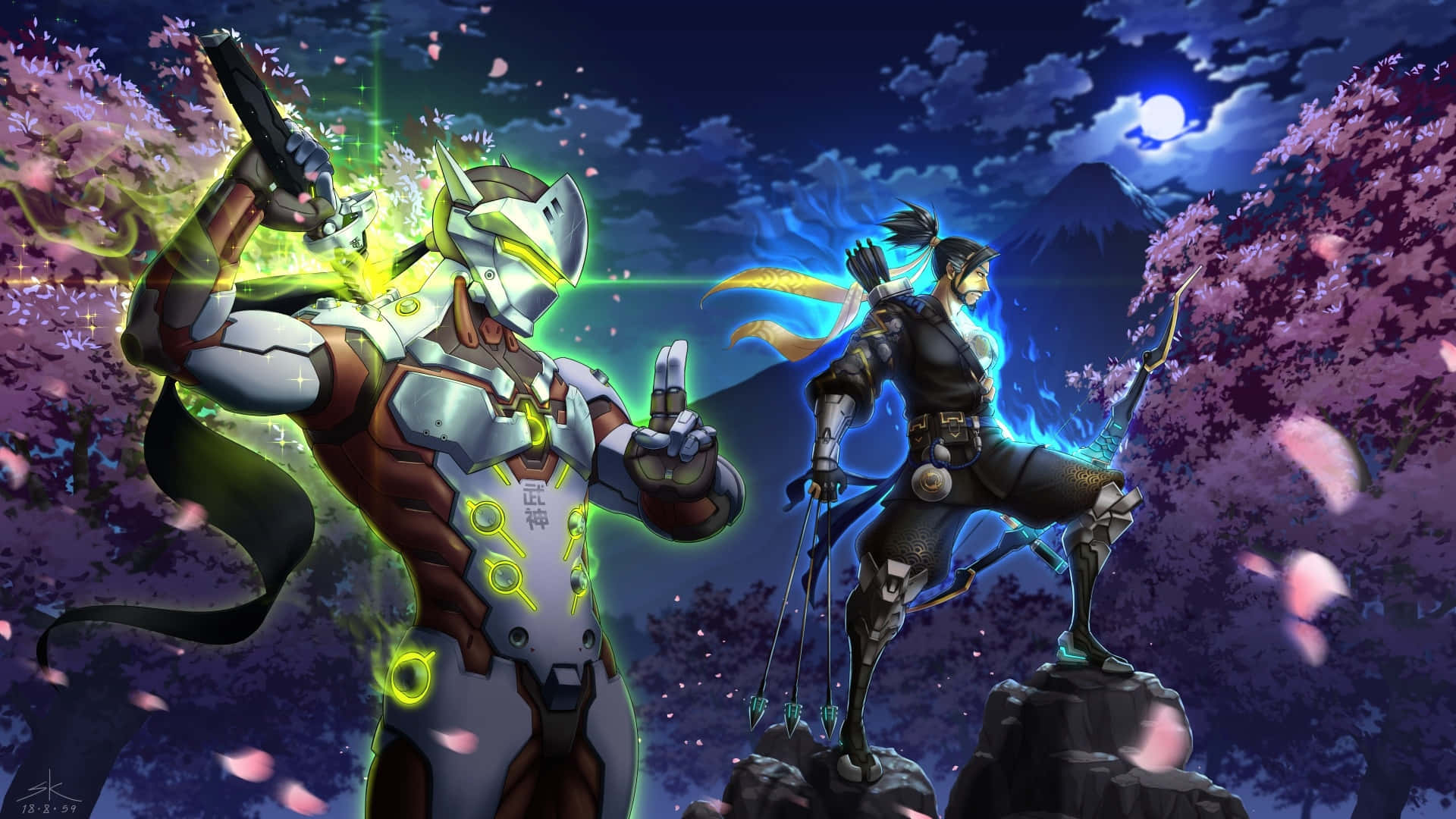 Hanzo na Genji Wahusika 1920x1080 Overwatch Usiku Background Picha ya Ukuta