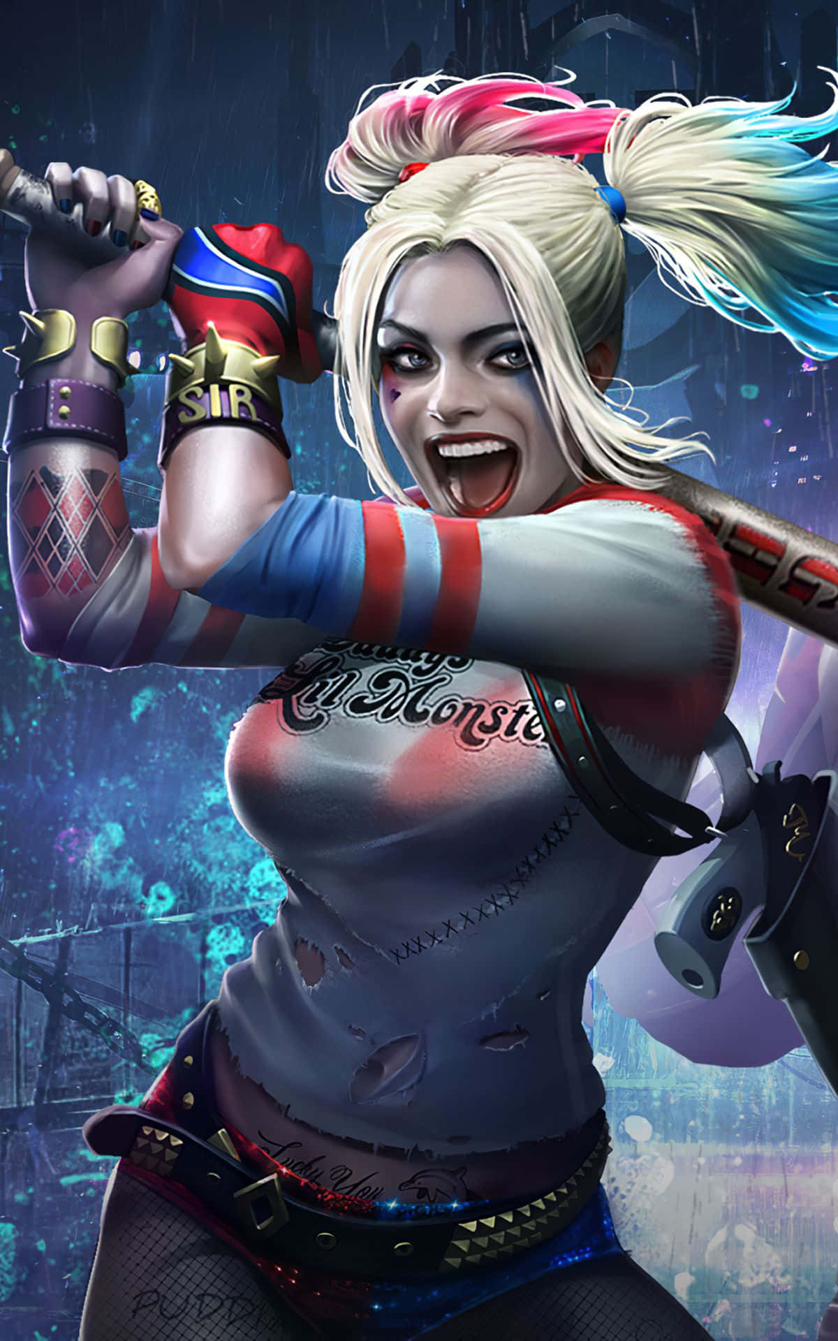 Harleen Quinzel katika mwonekano wake maarufu kutoka mchezo wa video "Arkham City" Picha ya Ukuta