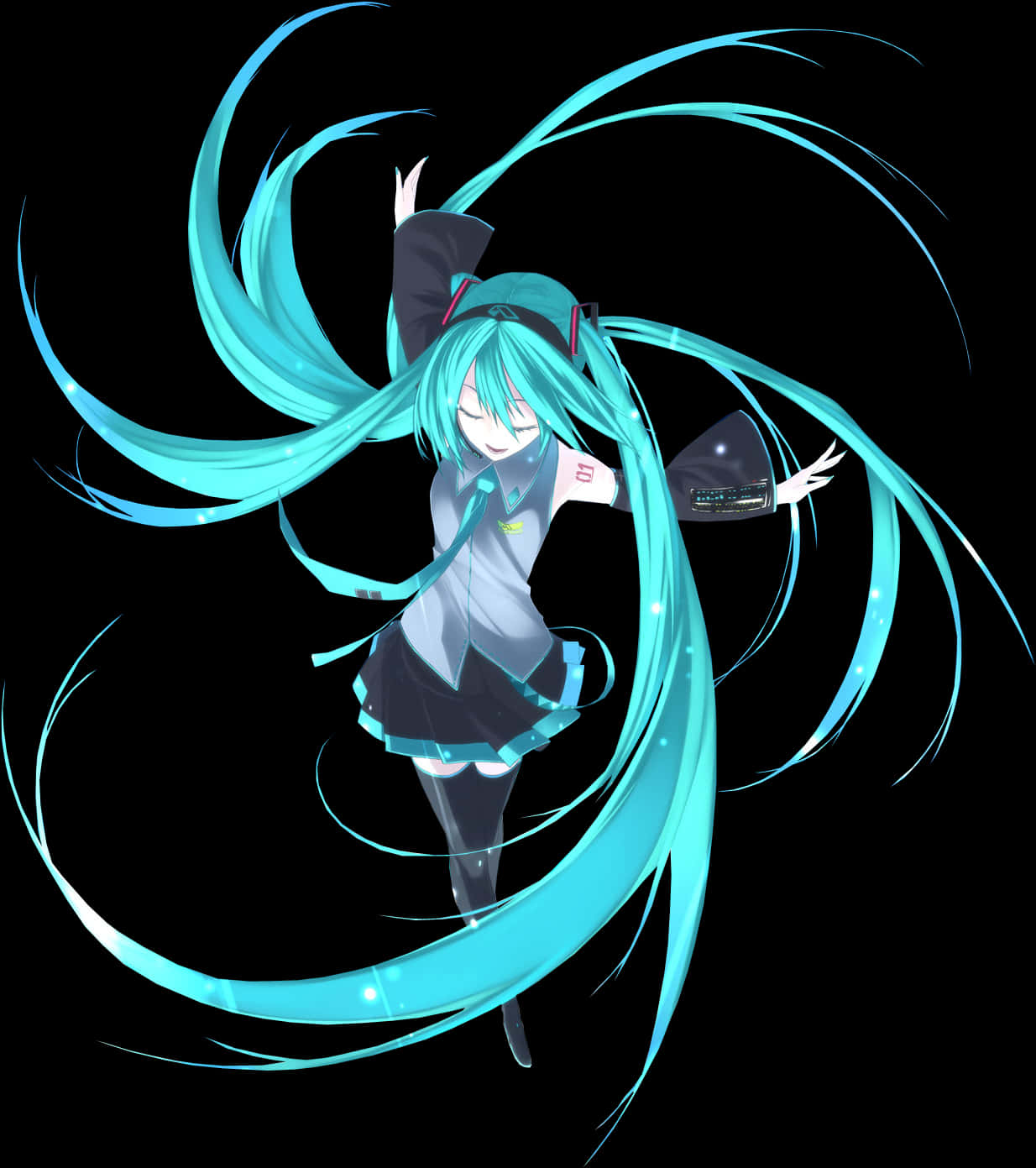 Hatsune Miku Mwenye Mkao Wenye Nguvu na Nywele Zinazozunguka Picha ya Ukuta