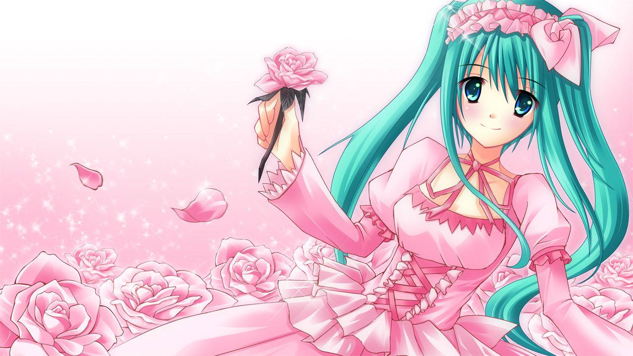 Hatsune Miku wa Anime Mrembo Mwenye Kikoi cha Pink na Mawaridi Picha ya Ukuta