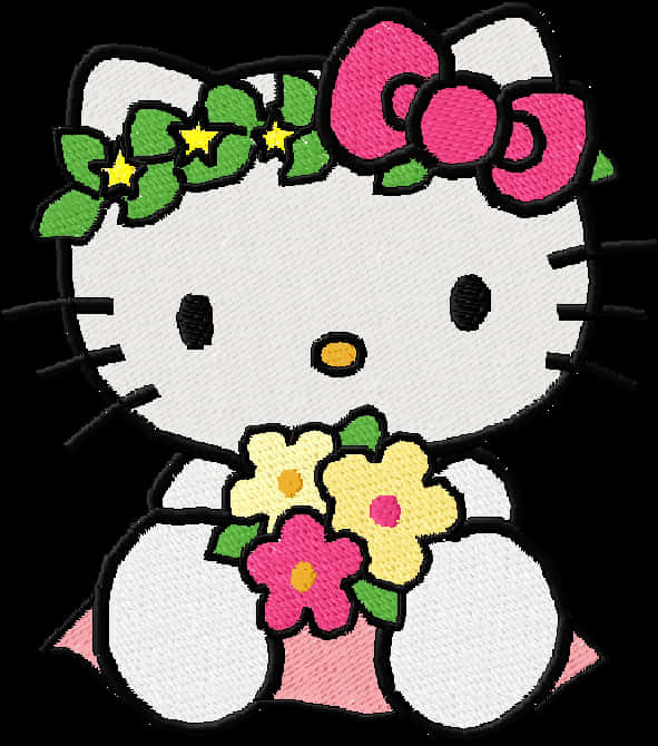 Hello Kitty Embroidery ya Maua Picha ya Ukuta