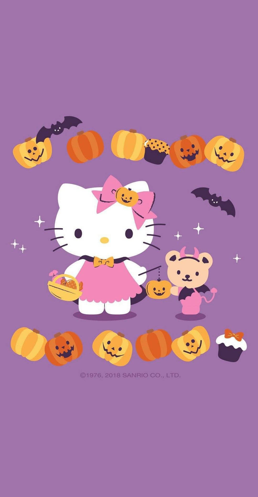Hello Kitty Halloween Kificho cha Rangi ya Zambarau Picha ya Ukuta