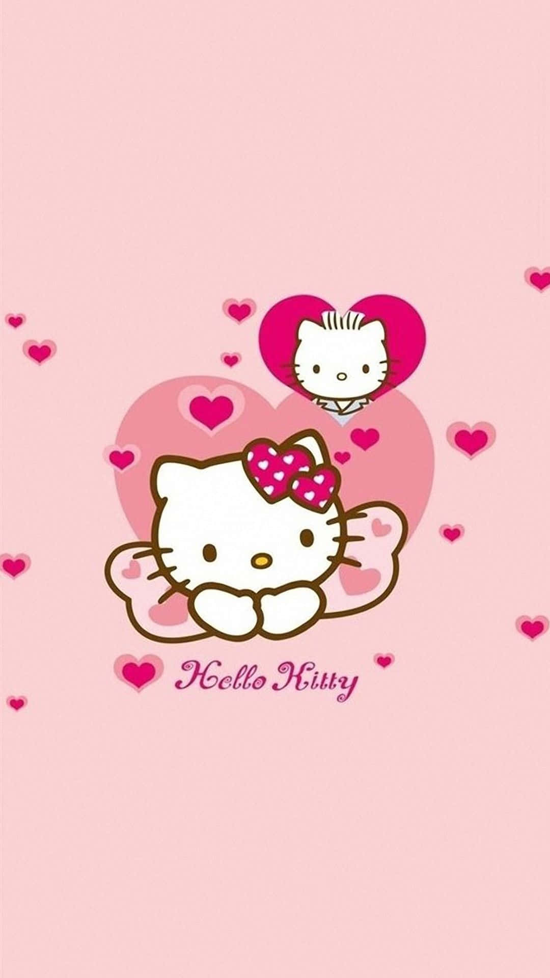Hello Kitty Mzuri wa Pinki Anayeegemea Utepe Picha ya Ukuta