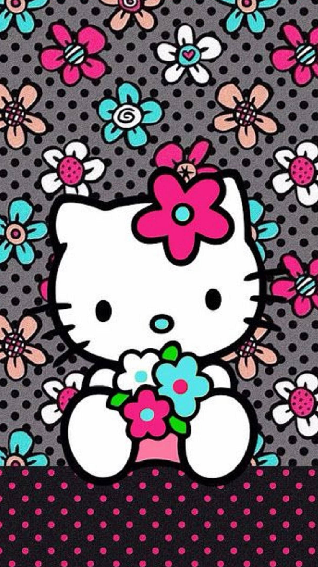 Hello Kitty Nyeusi yenye Maua Picha ya Ukuta