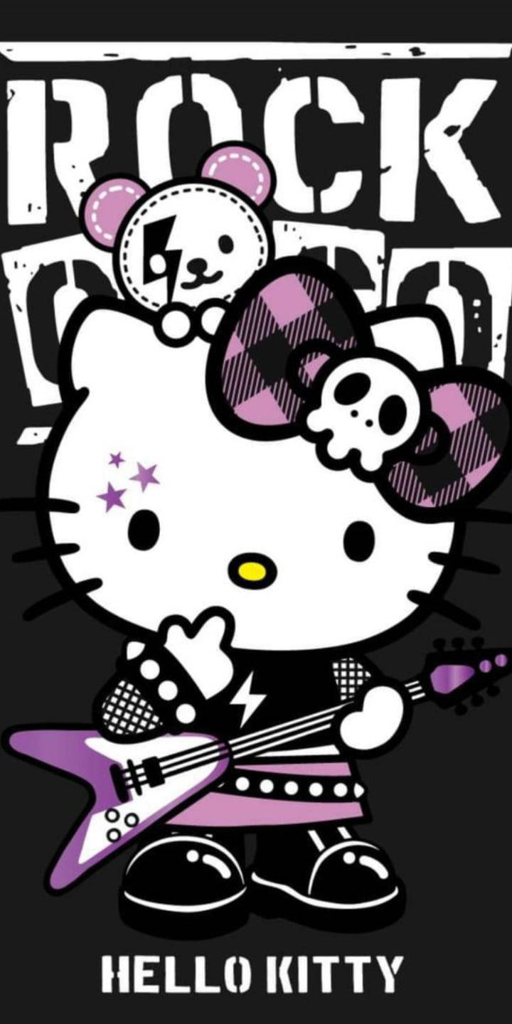 Hello Kitty Rockstar ya Zambarau na Nyeusi Picha ya Ukuta