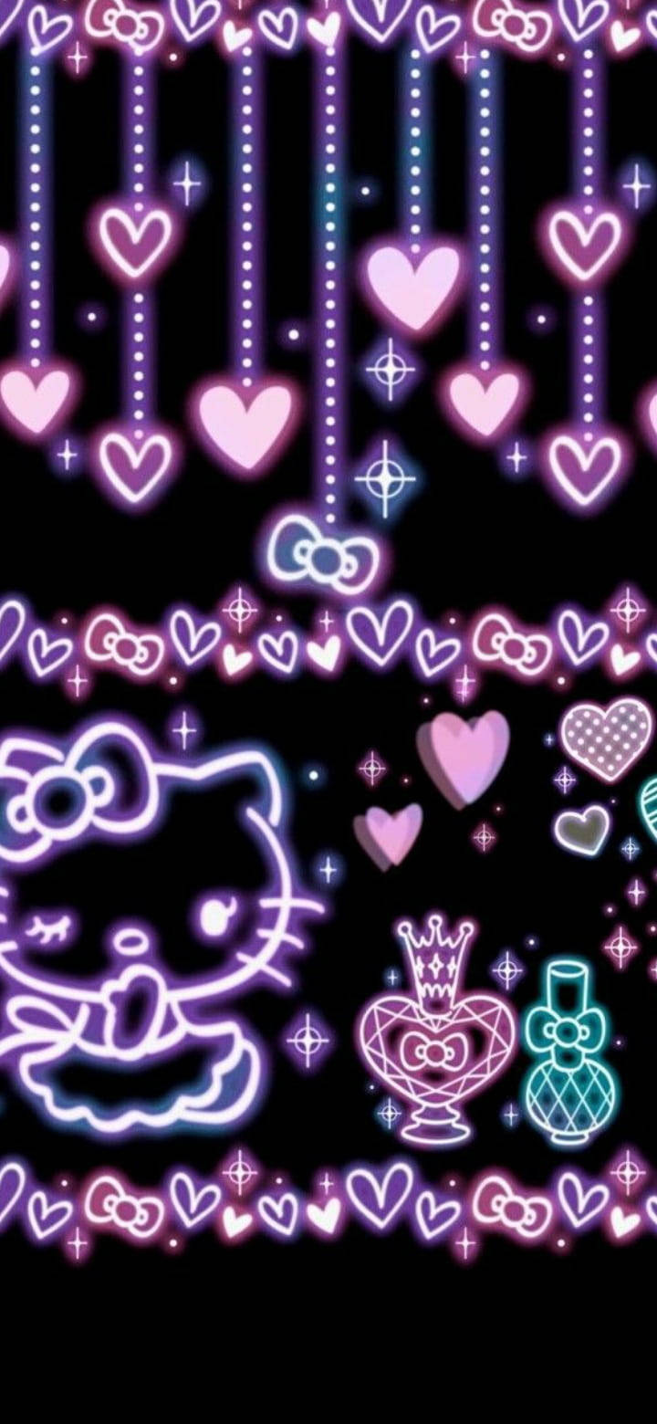 Hello Kitty ya Neon Zambarau kwenye Nyeusi Picha ya Ukuta