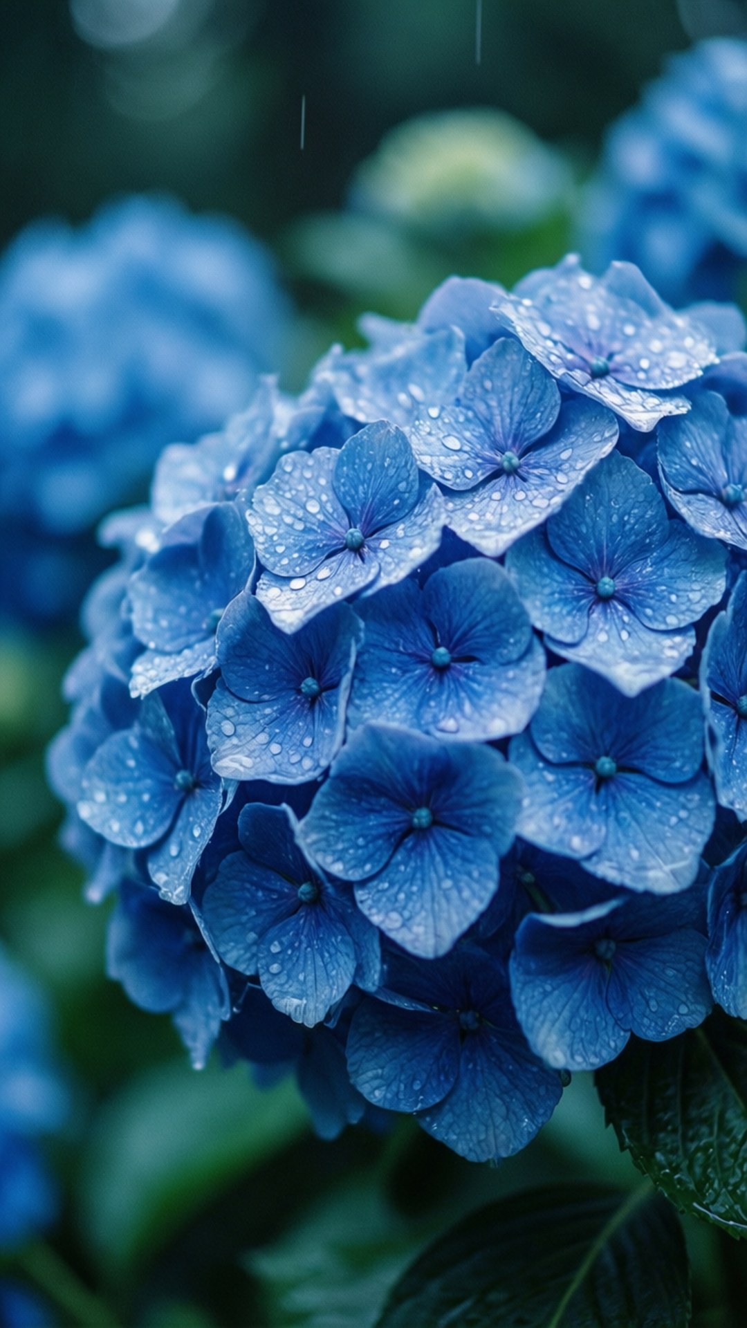 Hidrangea Bluu na Mvua Picha ya Ukuta