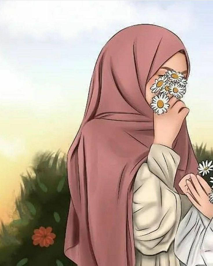 Hijab Katuni Maua Nyeupe Picha ya Ukuta