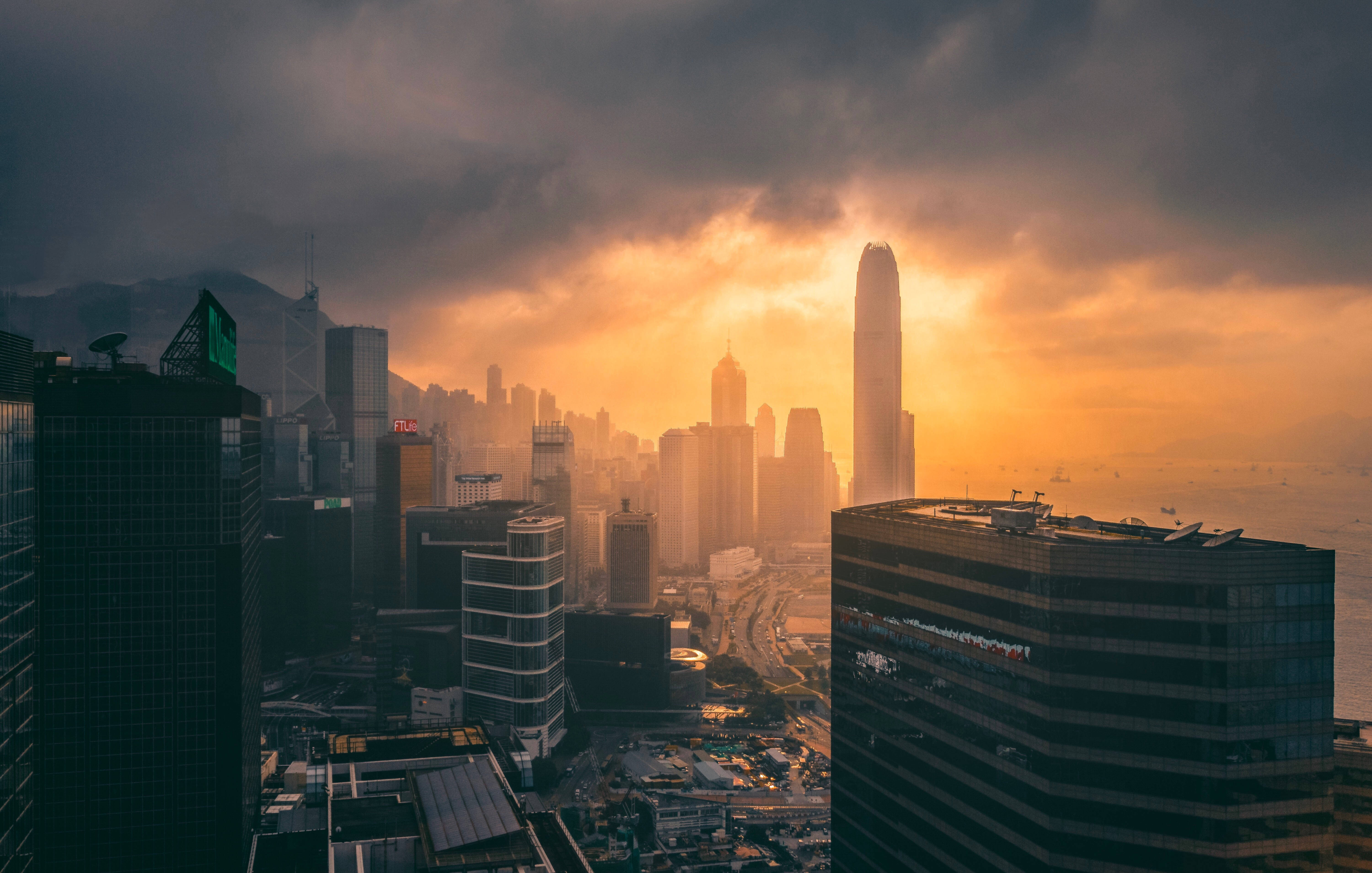 Hong Kong Skyline Sunset Picha ya Ukuta